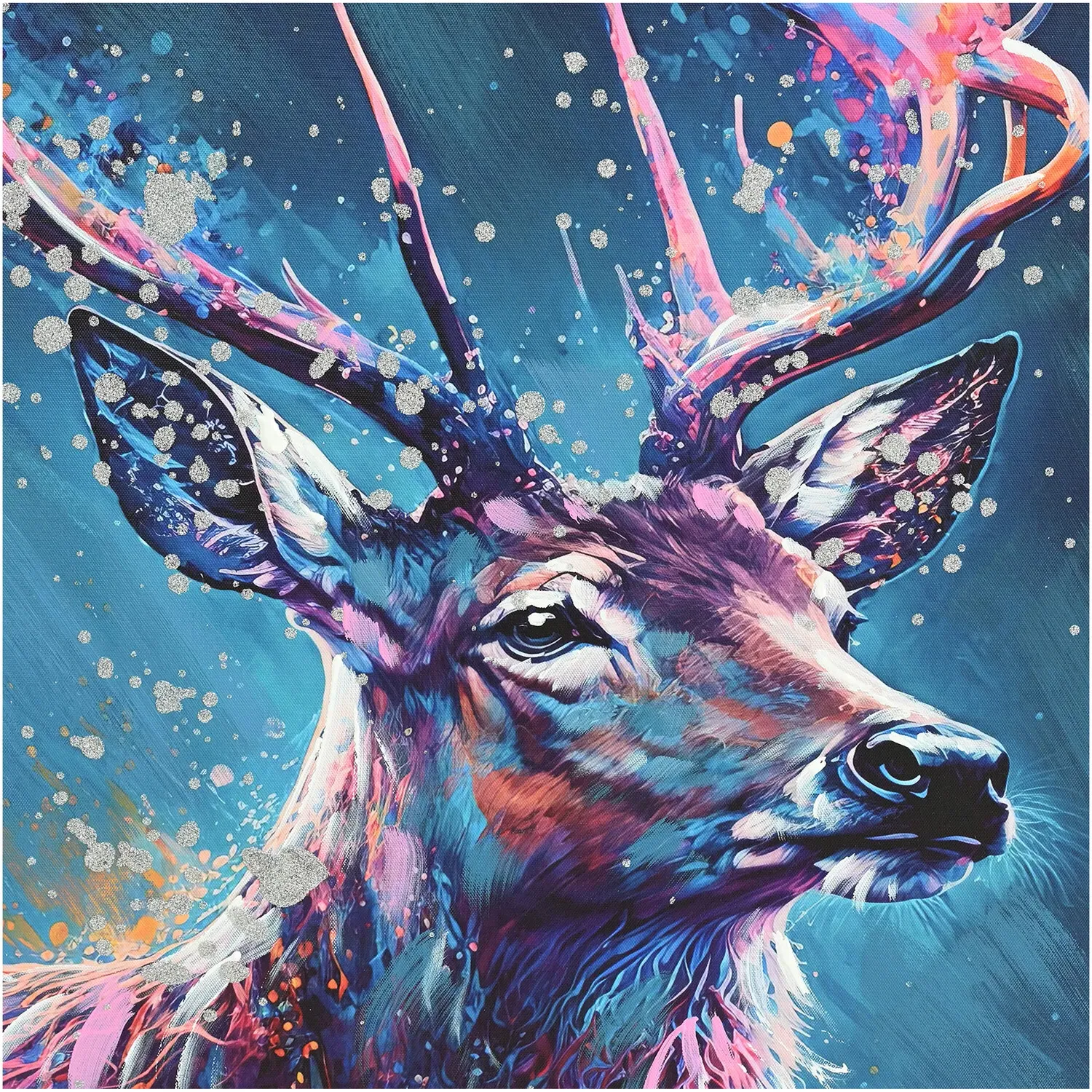 Hand Painted Midnight Stag Framed Canvas - Blue