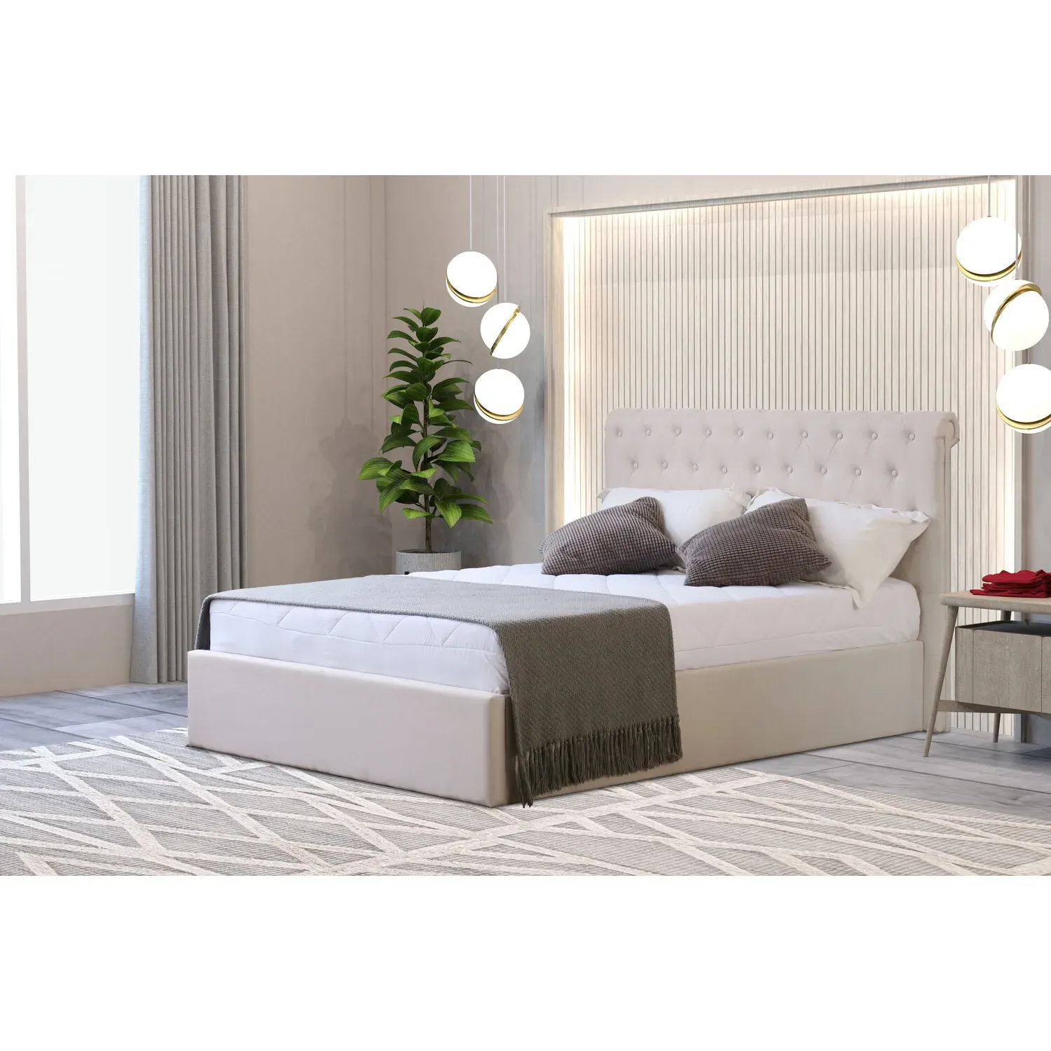 Harper King Size Ottoman Bed with Storage - Cream, Fabric