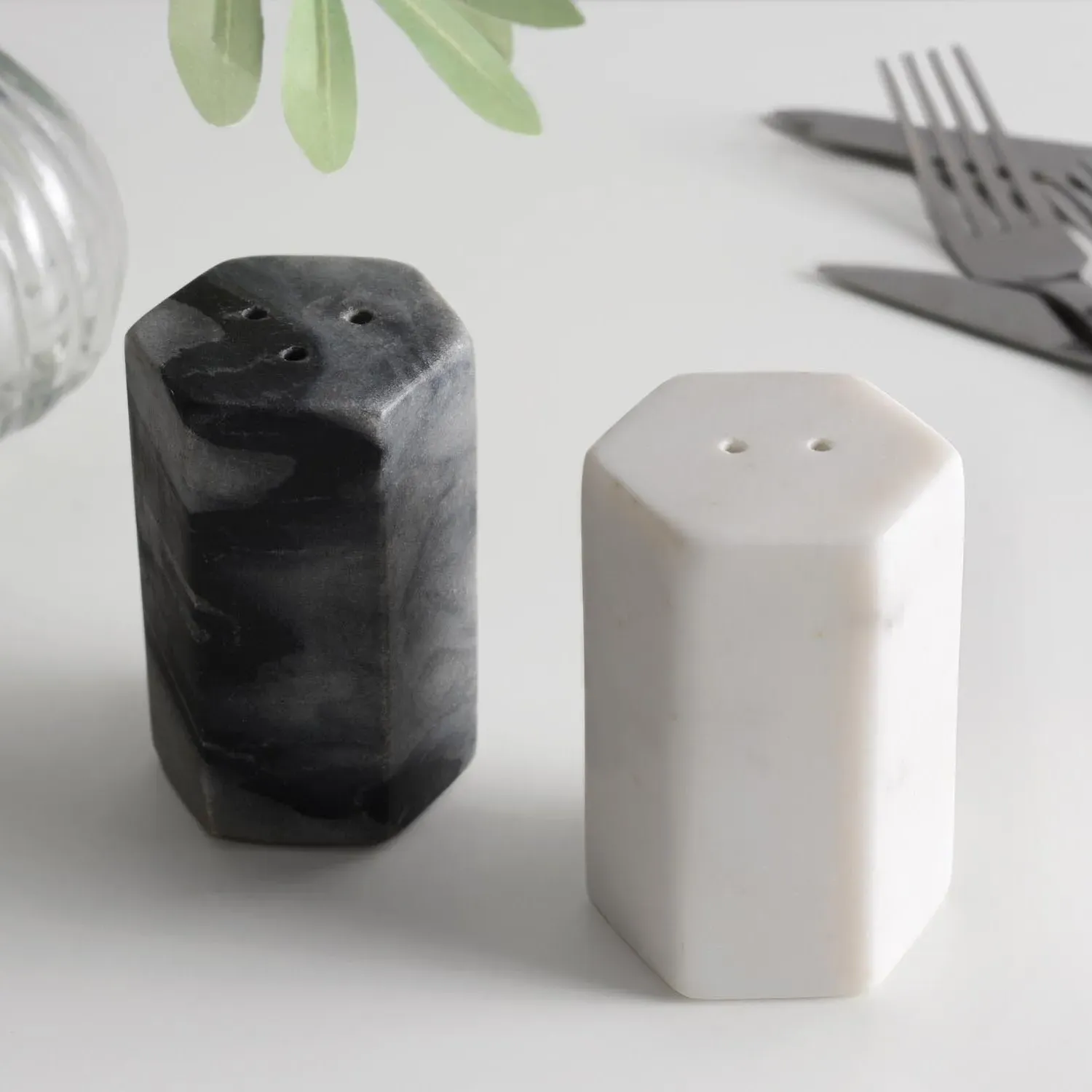 Hex Shape Salt & Pepper Shakers - White & Grey, Marble