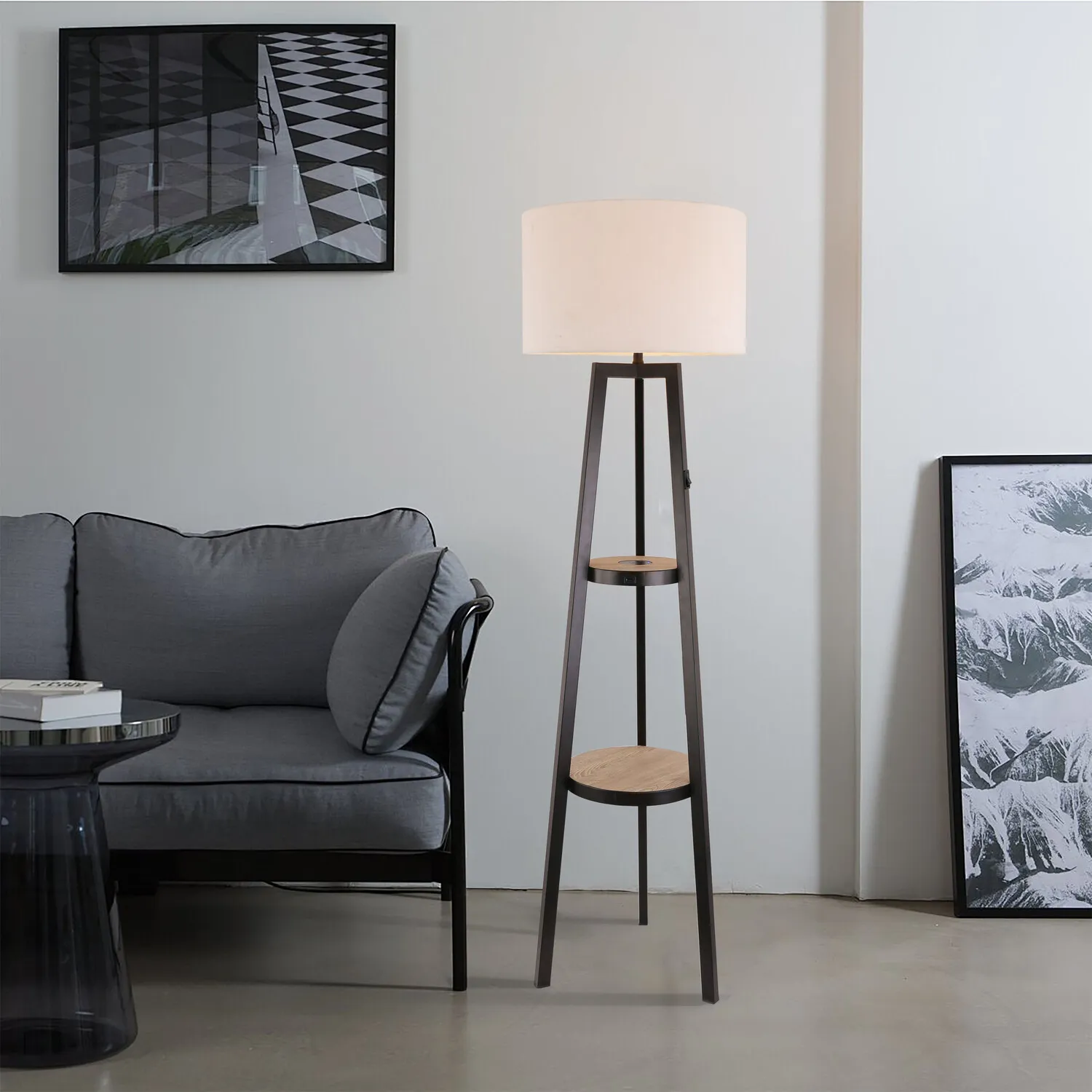 Hudson Charging Floor Light with Shelves - Black and White