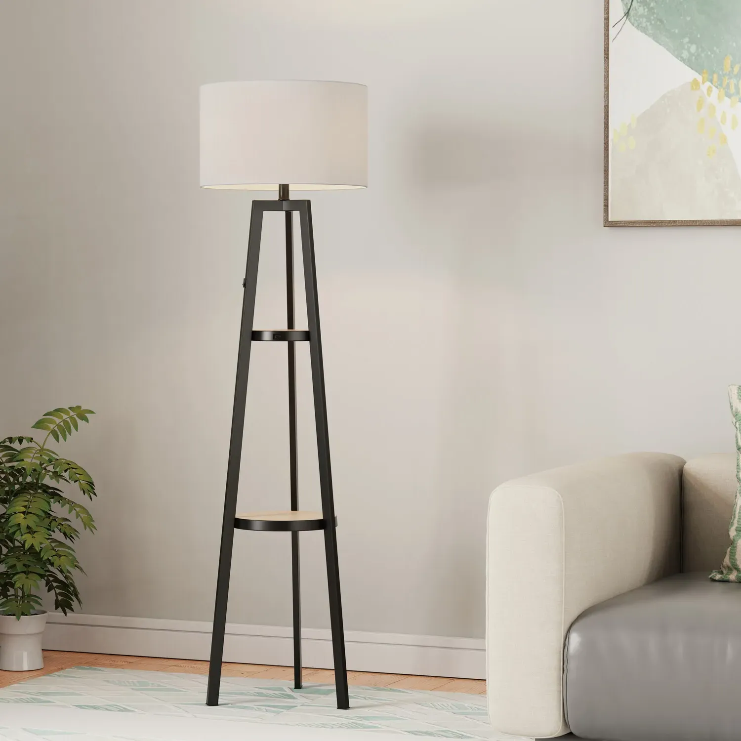 Hudson Charging Floor Light with Shelves - Black and White