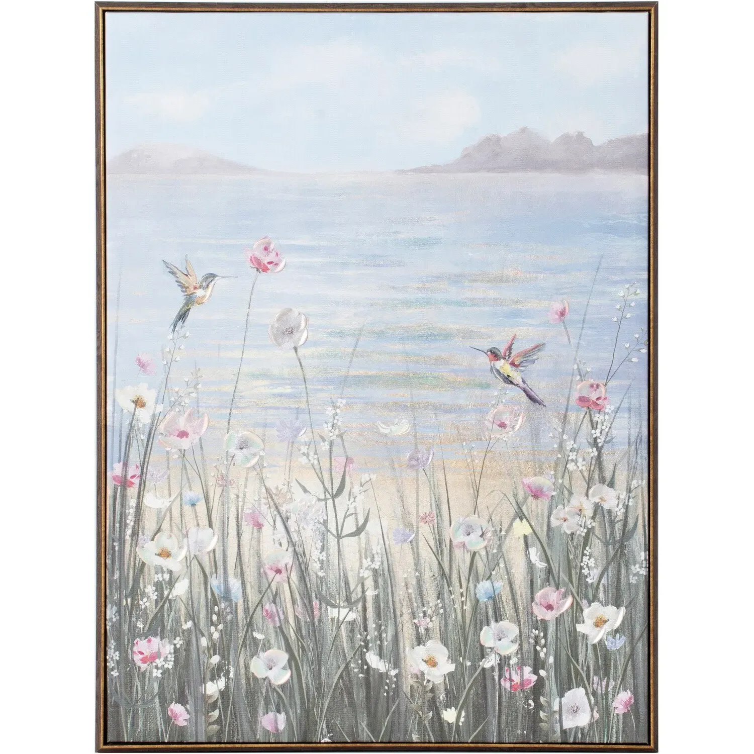 Humming Birds By The Sea Framed Canvas Wall Art - Blue
