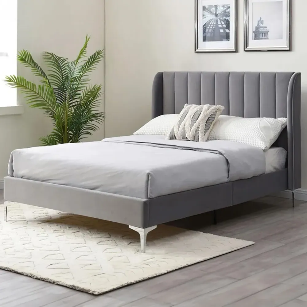 Hyacinth Double Bed Frame - Grey, Velvet