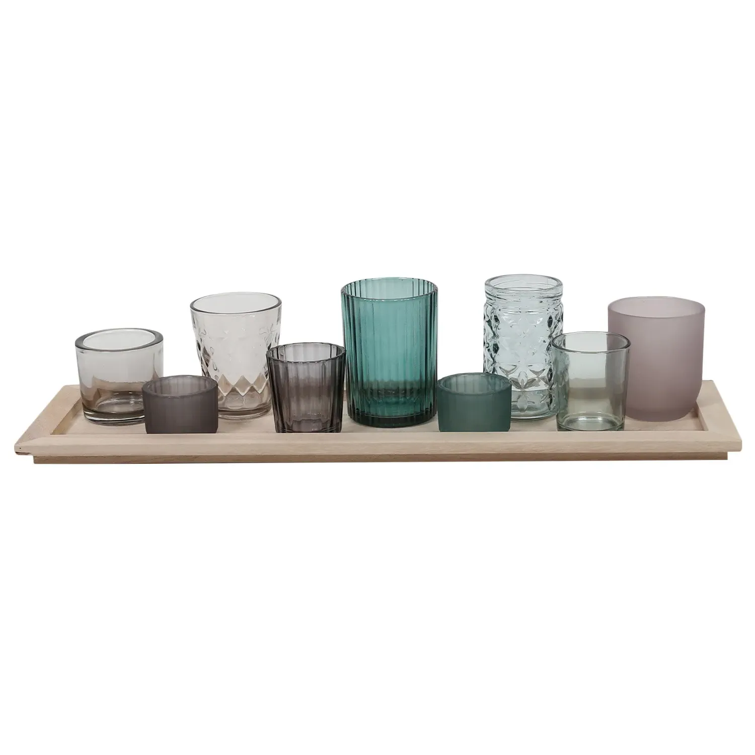 Jewel Hurricane Tray with Glass Jars - Grey, Wood
