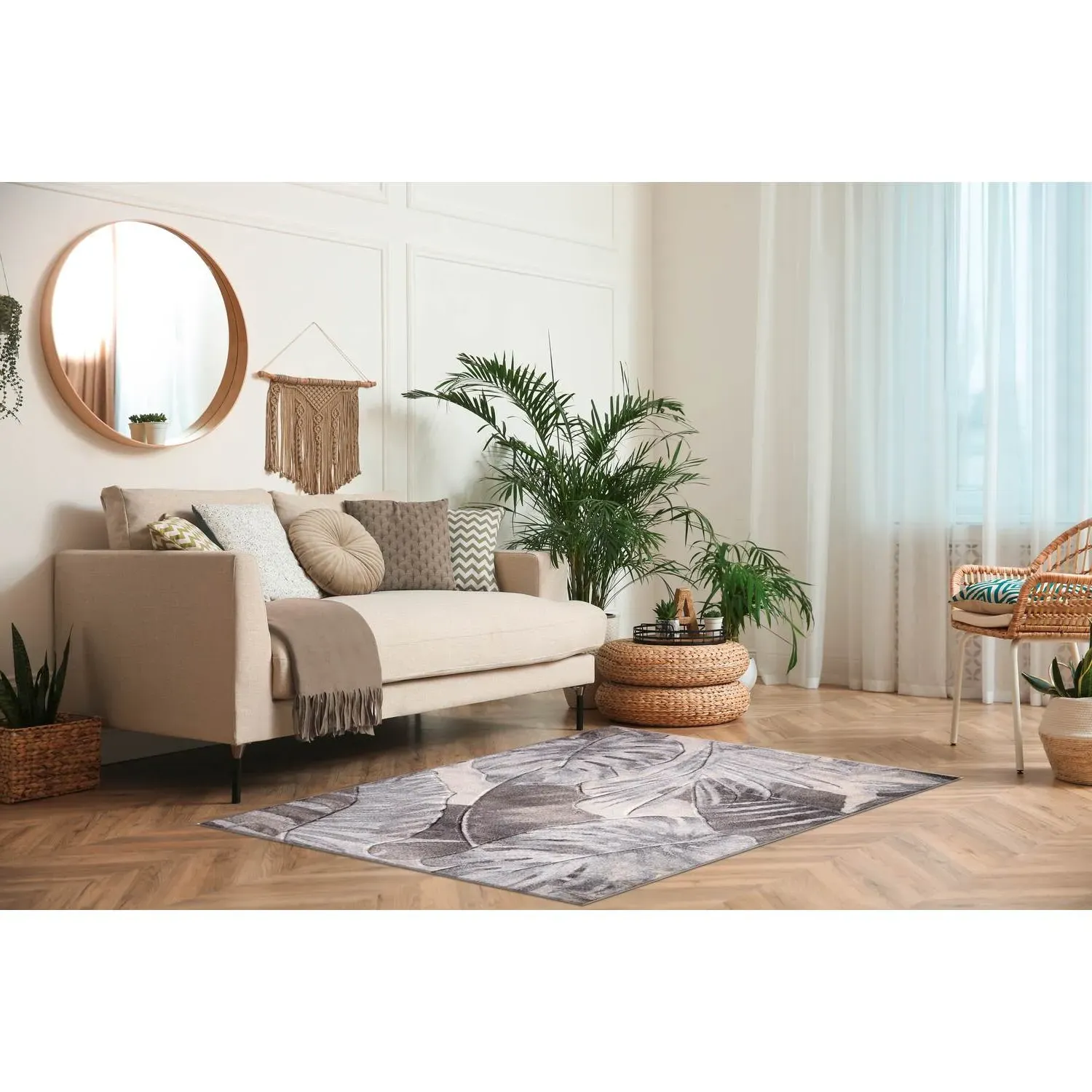 Jungle Leaf 120cm Rug - Grey