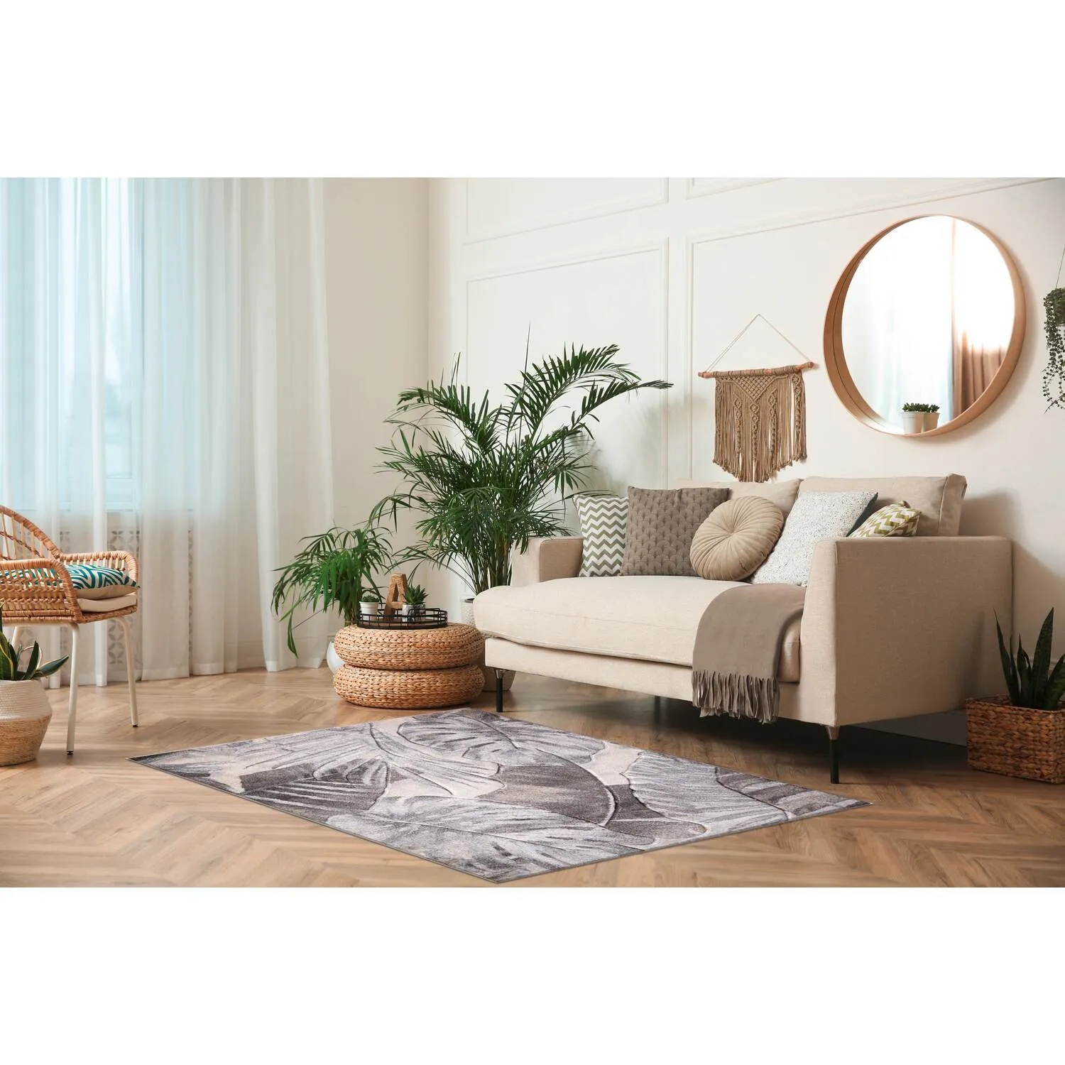 Jungle Leaf 140cm Rug - Grey