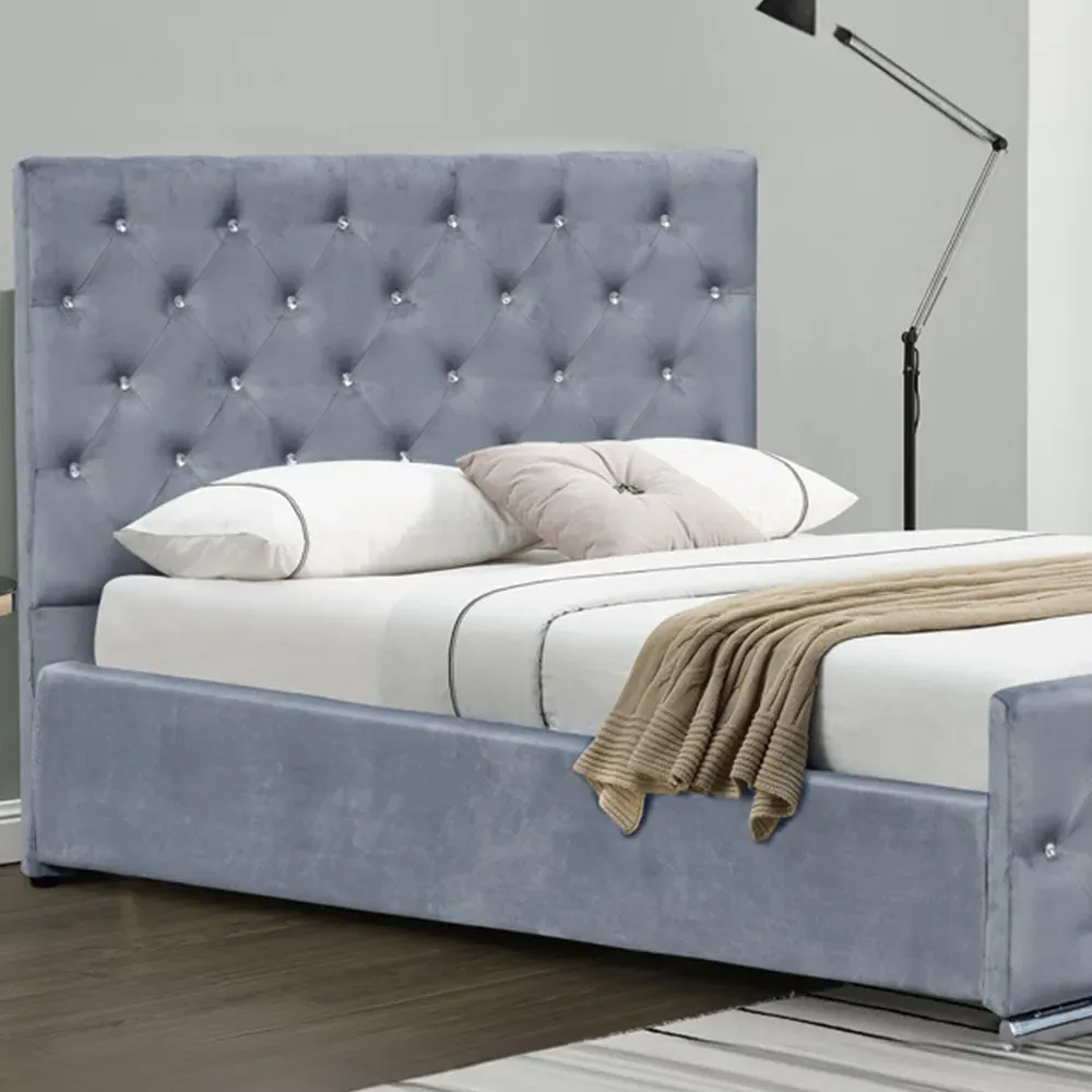 King Size Chesterfield Bed Frame with Diamante - Grey, Velvet