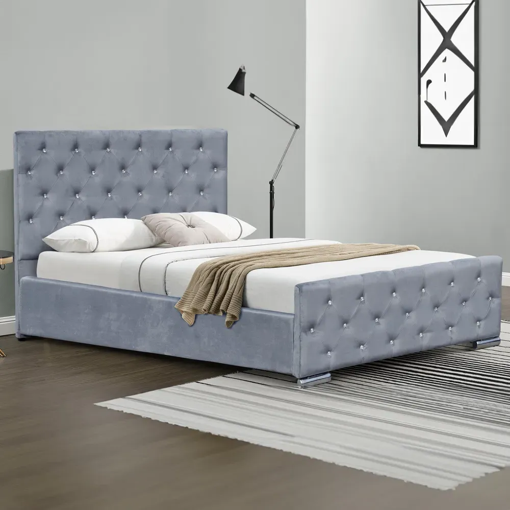 King Size Chesterfield Bed Frame with Diamante - Grey, Velvet