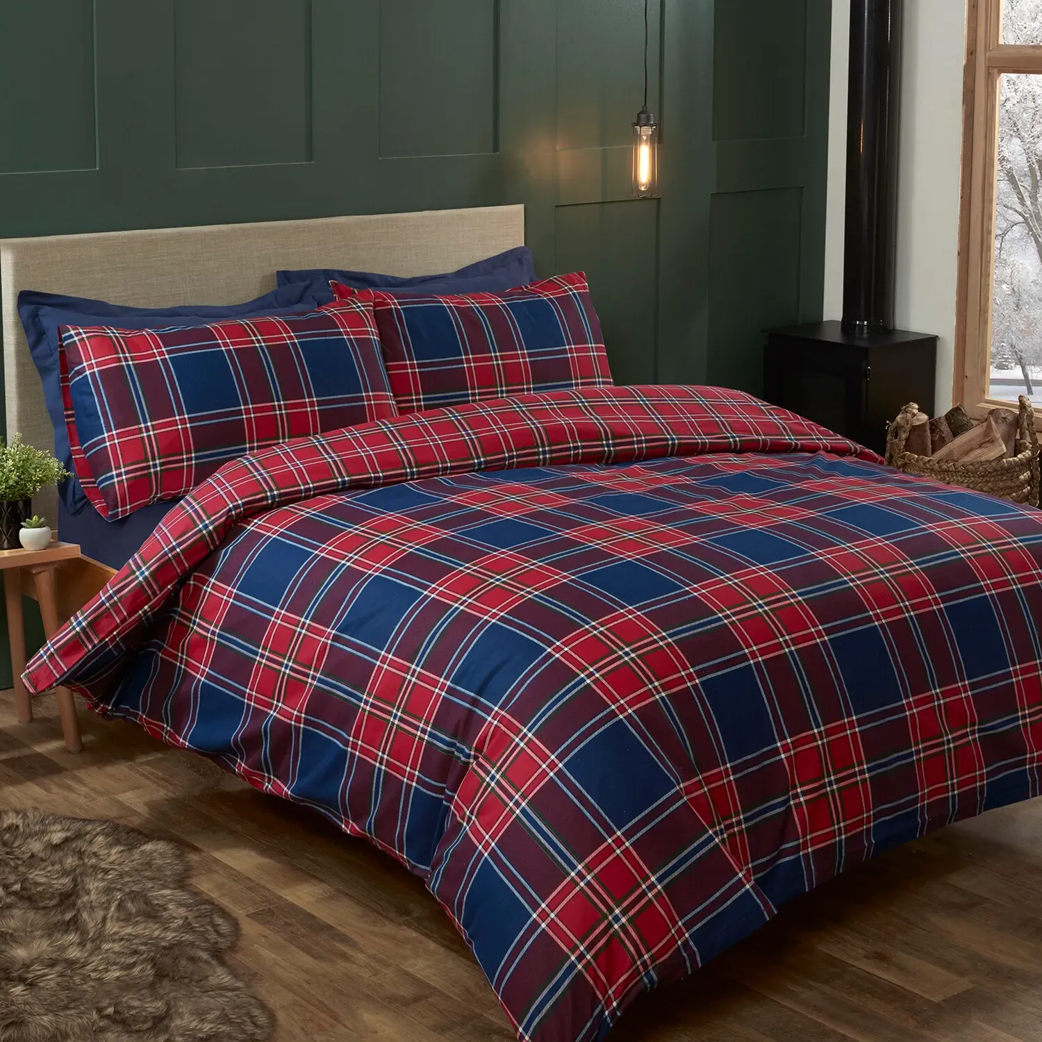 Kinross Check Double Duvet Cover Set - Red, Cotton