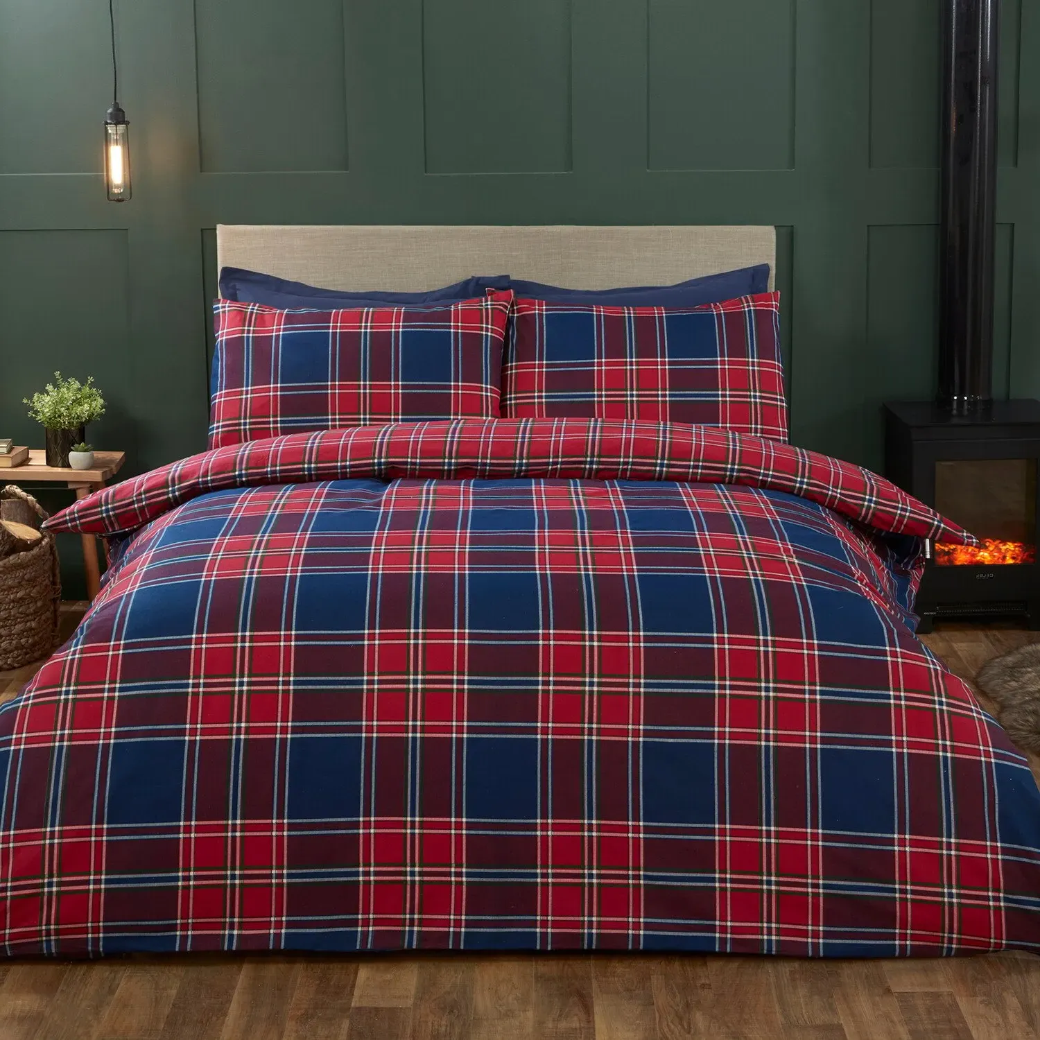 Kinross Check Double Duvet Cover Set - Red, Cotton