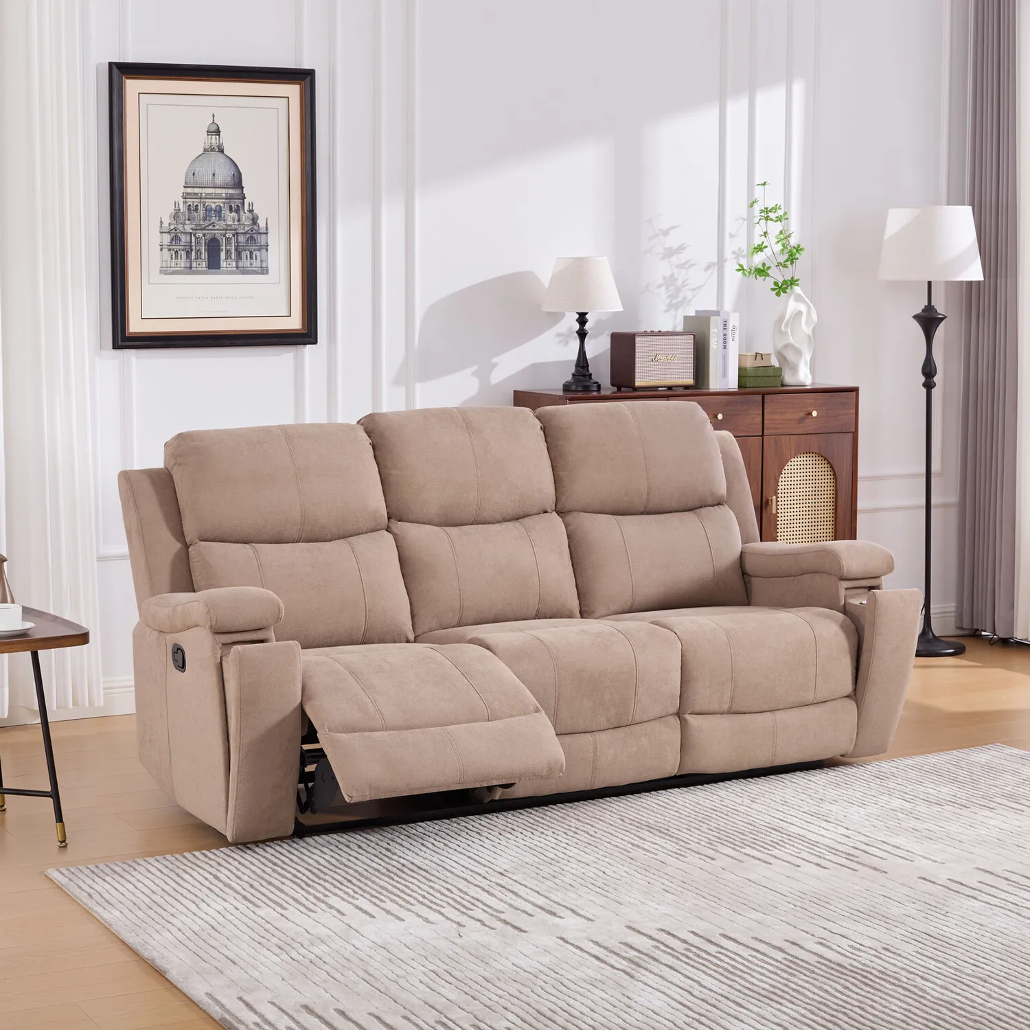 Ledbury 3-Seater Recliner Sofa with Cup Holders - Beige, Fabric