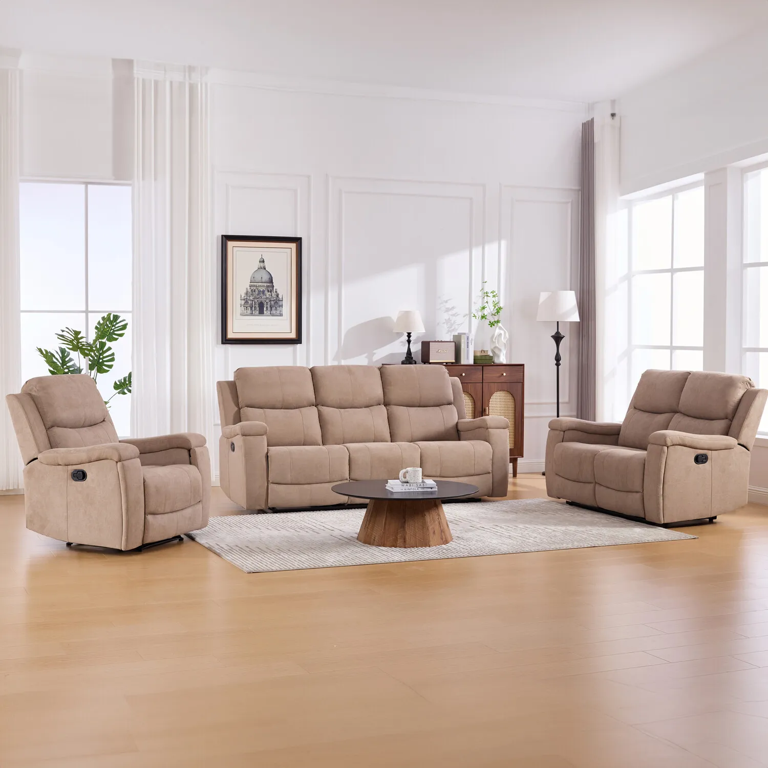 Ledbury 3-Seater Recliner Sofa with Cup Holders - Beige, Fabric