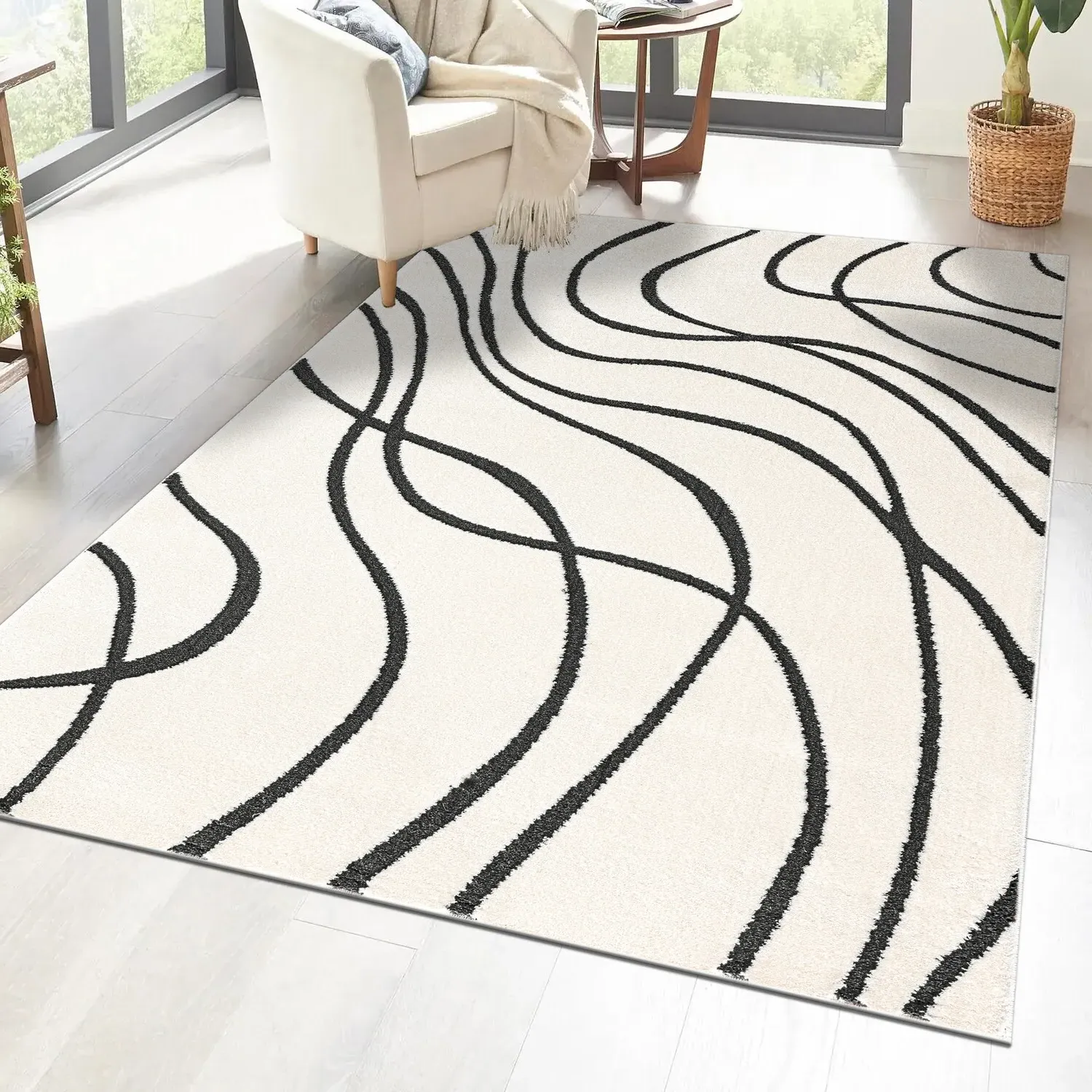 Lemonde Wavy Abstract Rug - Black and White