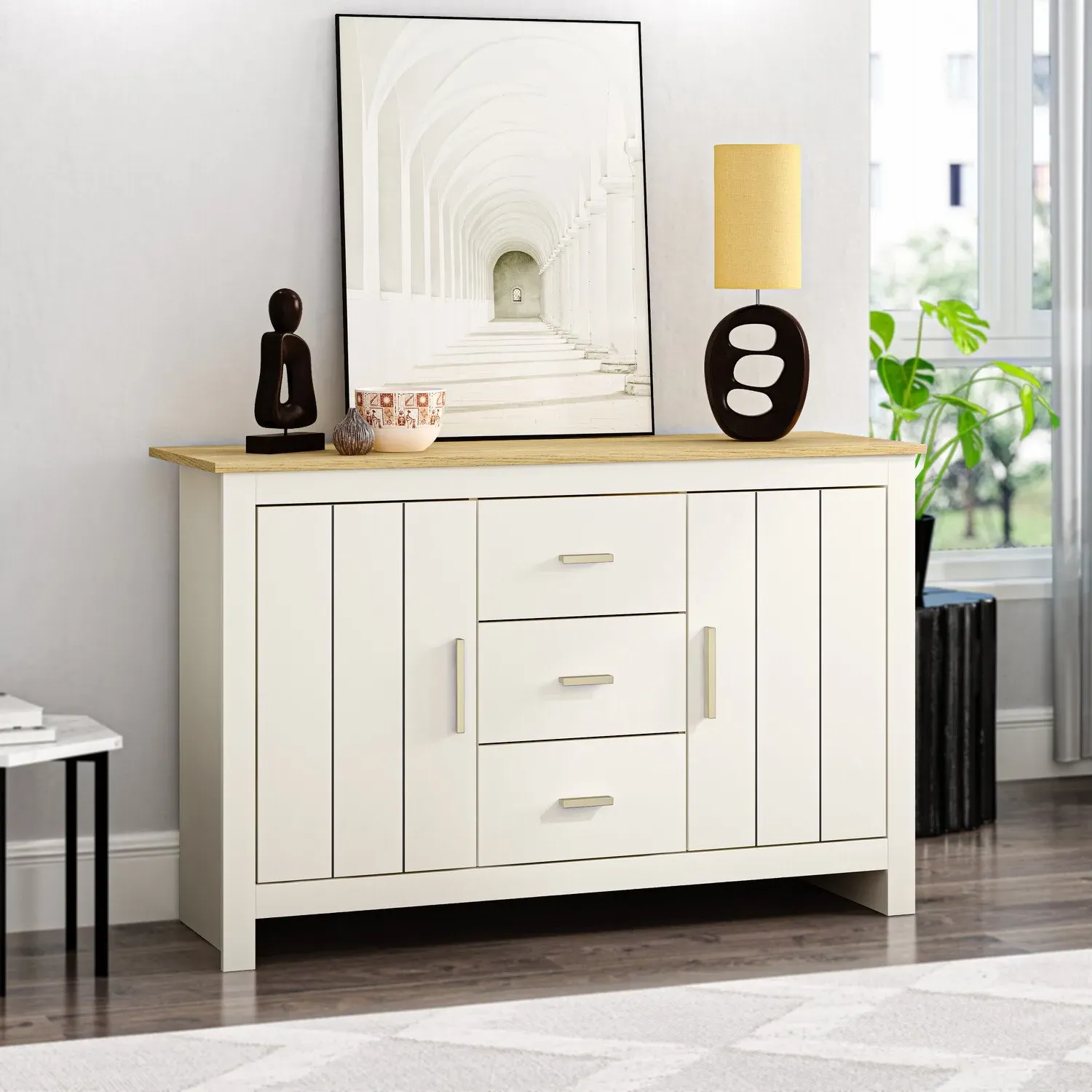 Lexington 2 Door 3 Drawer Sideboard - Cream, Oak