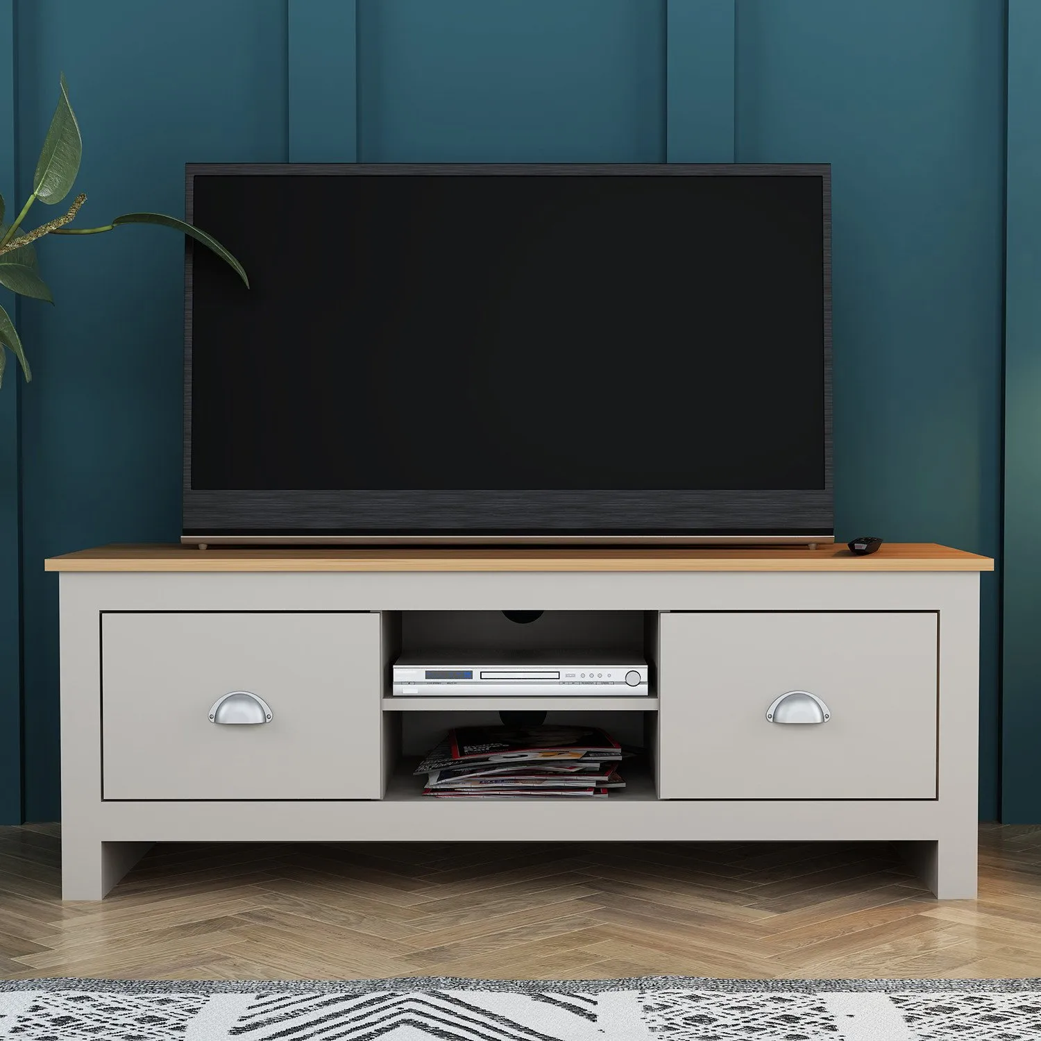 Lexington 2 Drawer TV Unit - Grey, Oak Effect