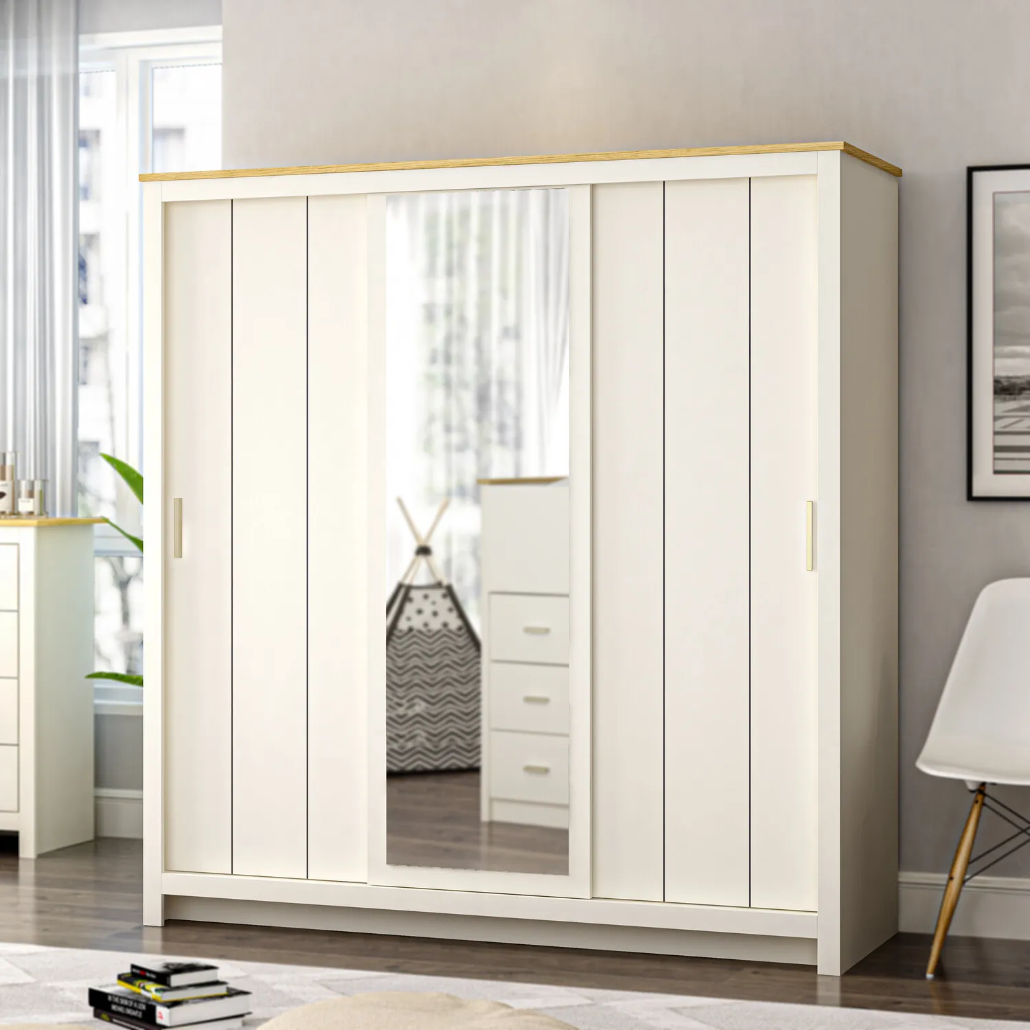 Lexington 3-Door Sliding Wardrobe with Mirror - Cream, Oak