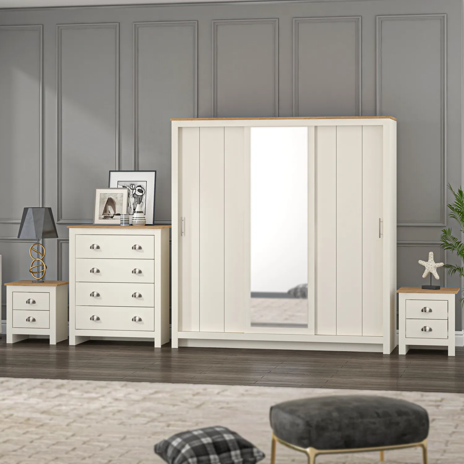 Lexington 3-Door Sliding Wardrobe with Mirror - Cream, Oak