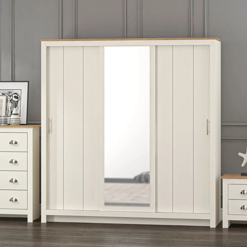 Lexington 3-Door Sliding Wardrobe with Mirror - Cream, Oak