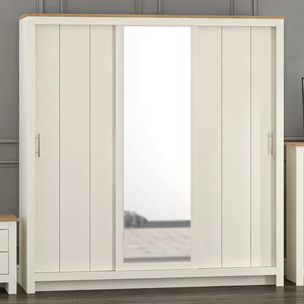 Lexington 3-Door Sliding Wardrobe with Mirror - Cream, Oak