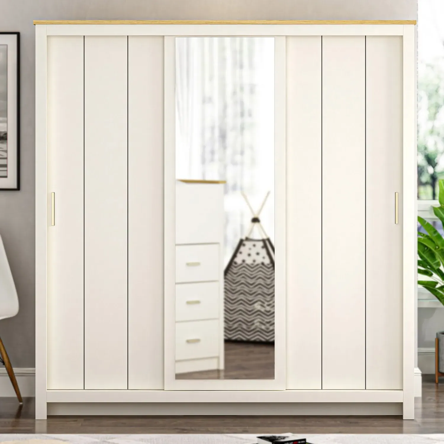 Lexington 3-Door Sliding Wardrobe with Mirror - Cream, Oak image