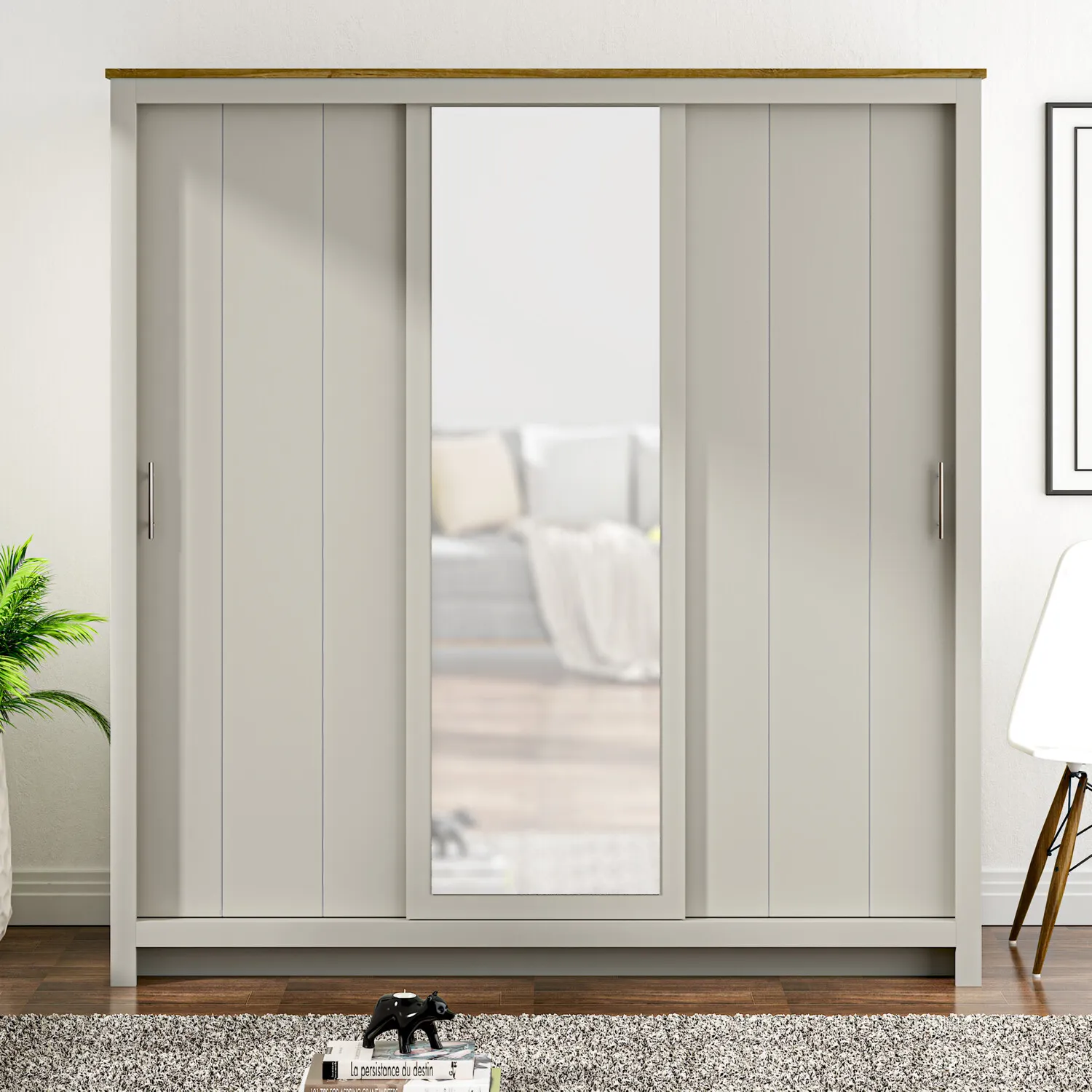 Lexington 3-Door Sliding Wardrobe with Mirror - Grey, Oak