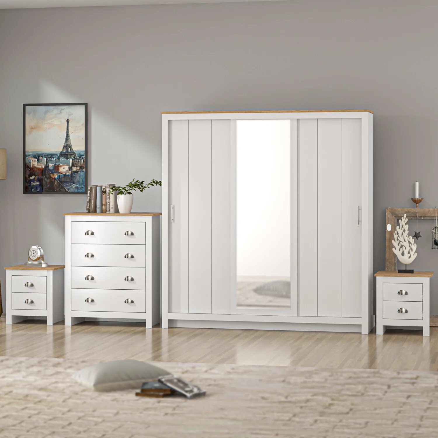 Lexington 3-Door Sliding Wardrobe with Mirror - Grey, Oak