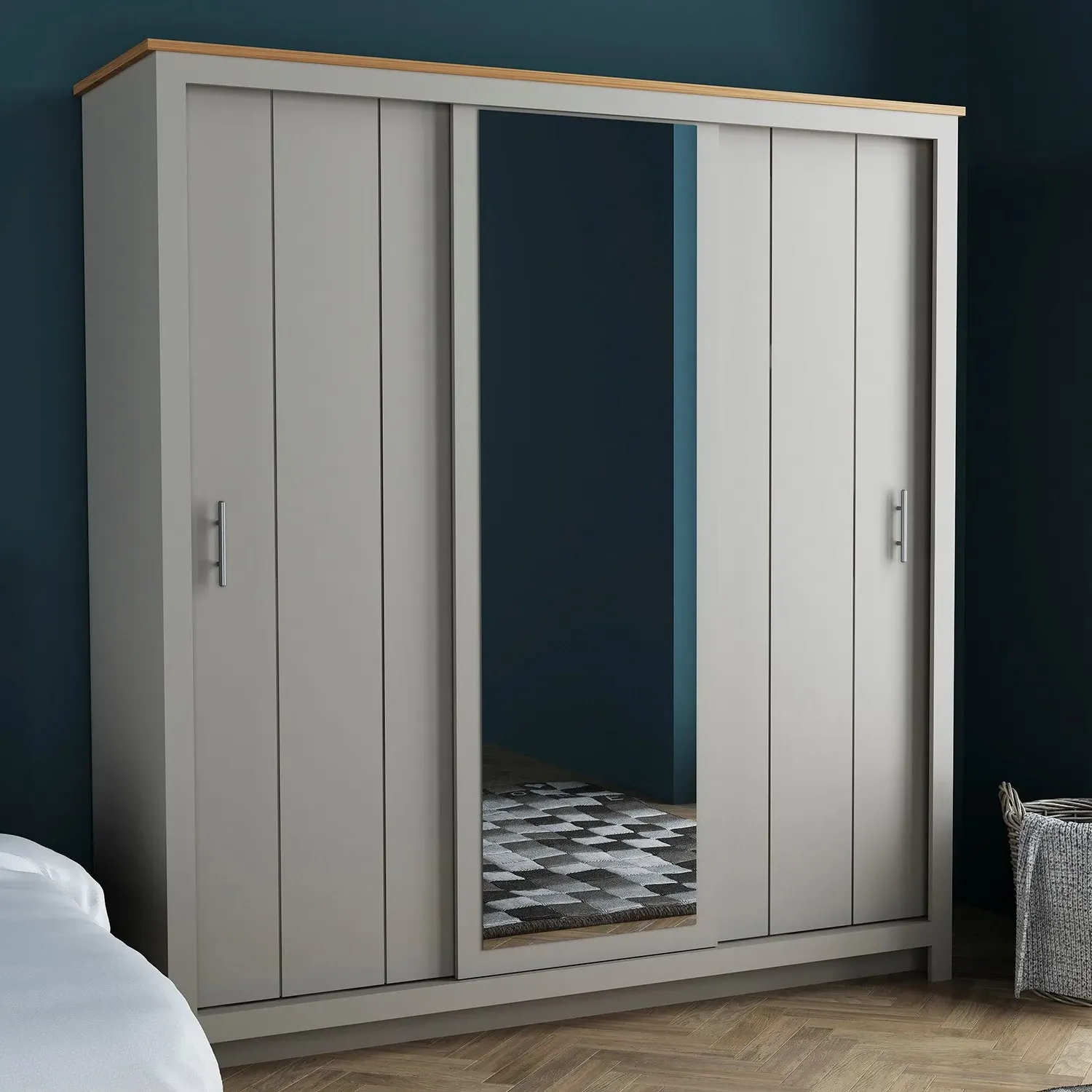 Lexington 3-Door Sliding Wardrobe with Mirror - Grey, Oak
