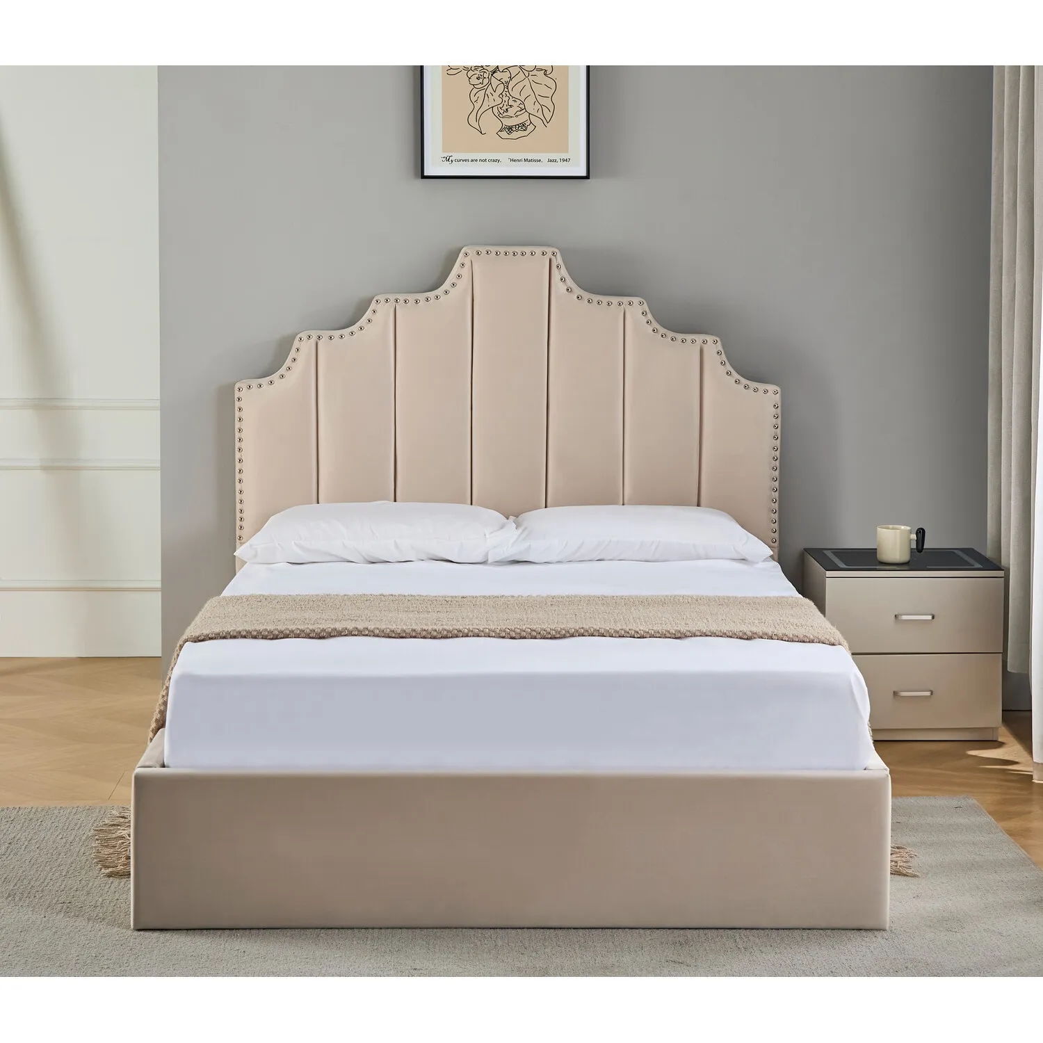 Lipton Double Ottoman Bed with Storage - Cream, Velvet