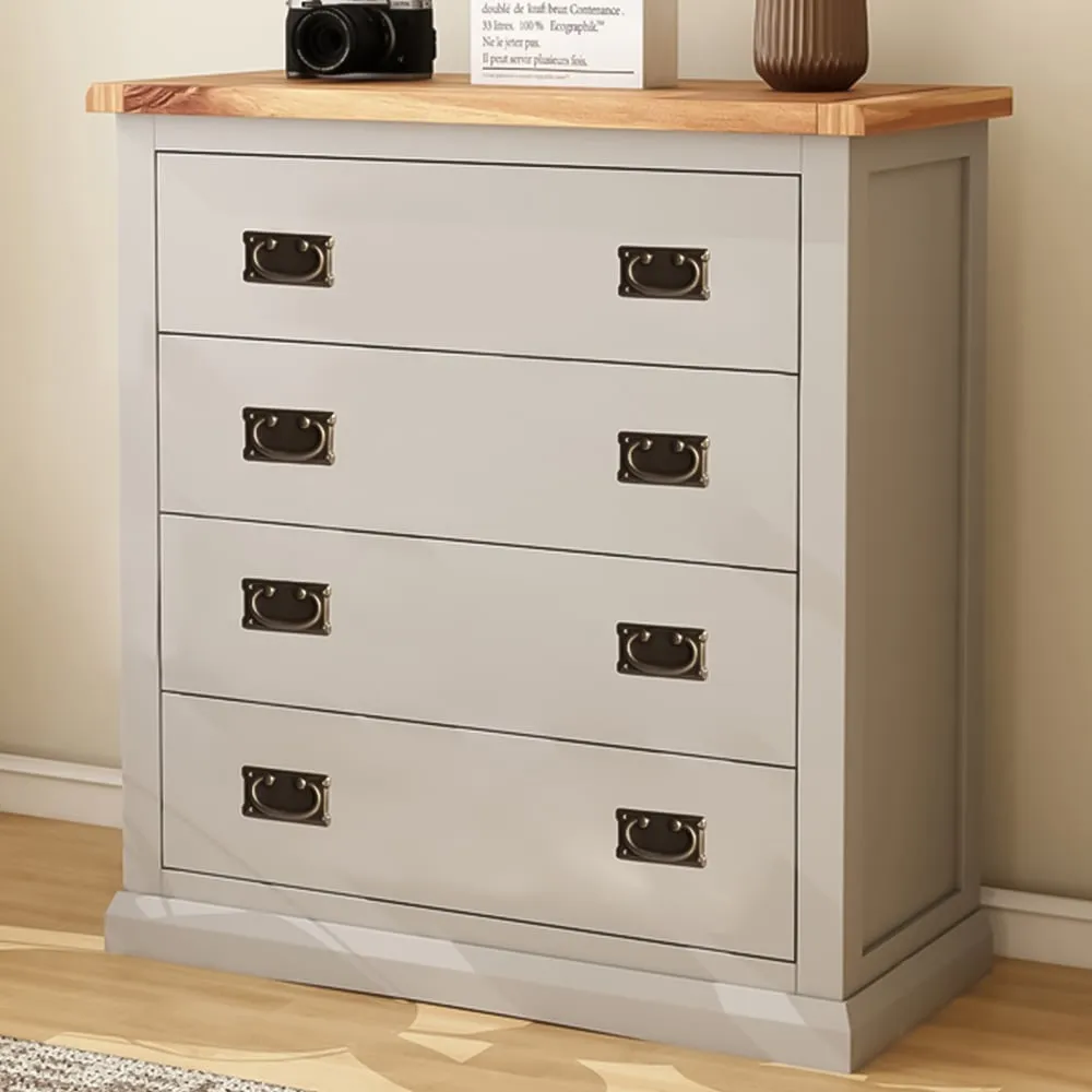 Loreo 4 Drawer Chest of Drawers with Brass Drop Handles - Grey, Pine