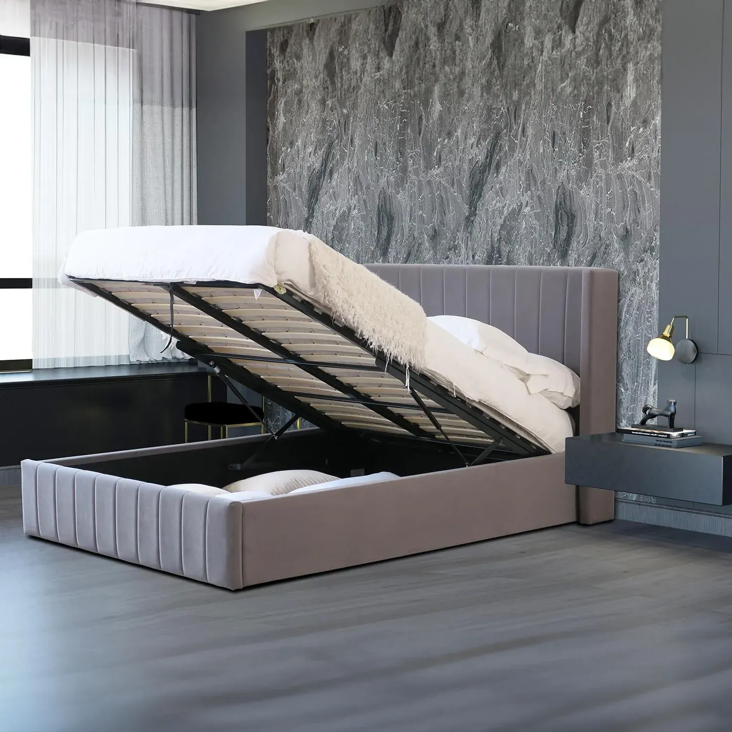 Maya Double Ottoman Storage Bed Frame - Grey, Velvet