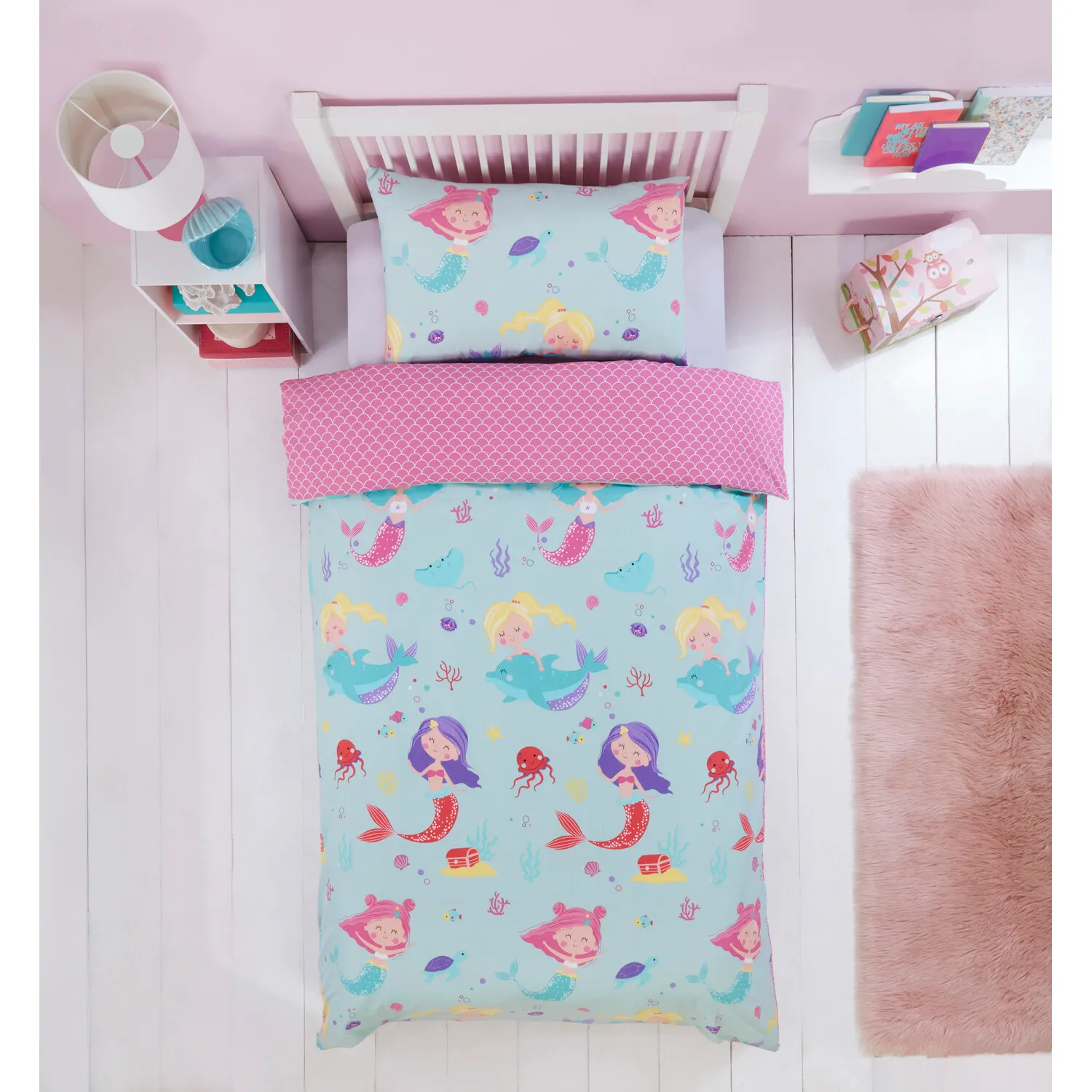 Mermaid Single Duvet Set - Pink, Blue