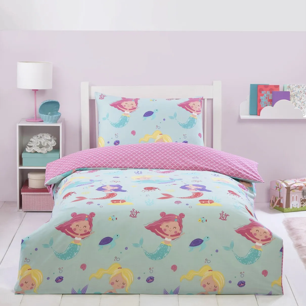 Mermaid Single Duvet Set - Pink, Blue image
