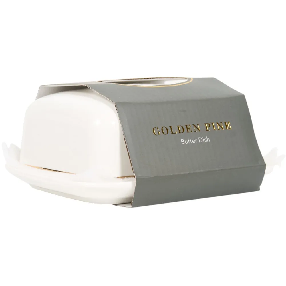 Metallic Golden Pine Butter Dish - White