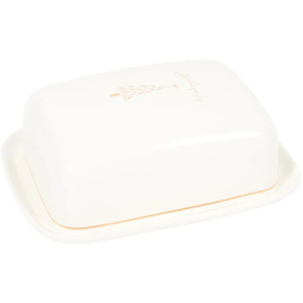 Metallic Golden Pine Butter Dish - White