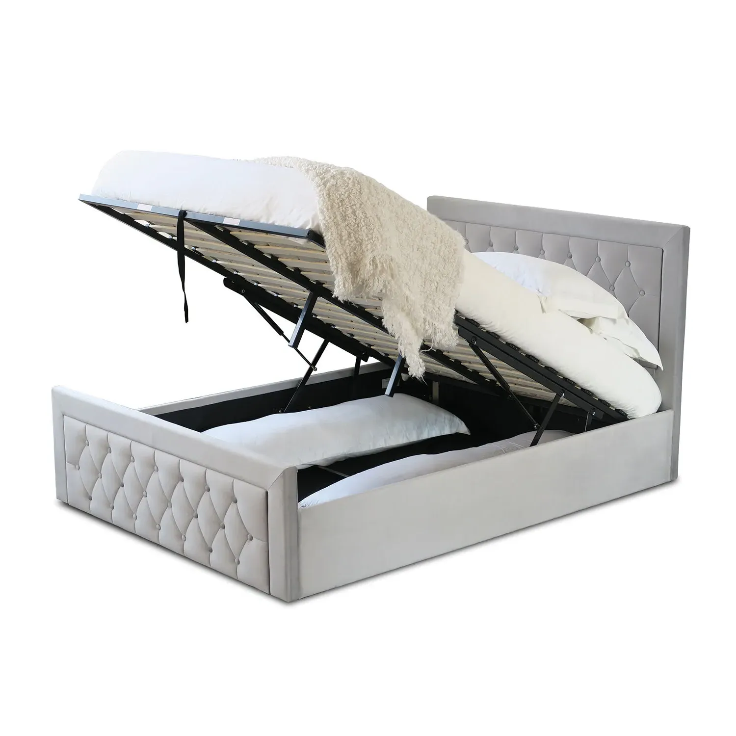 Mia King Size Ottoman Bed with Storage - Grey, Velvet