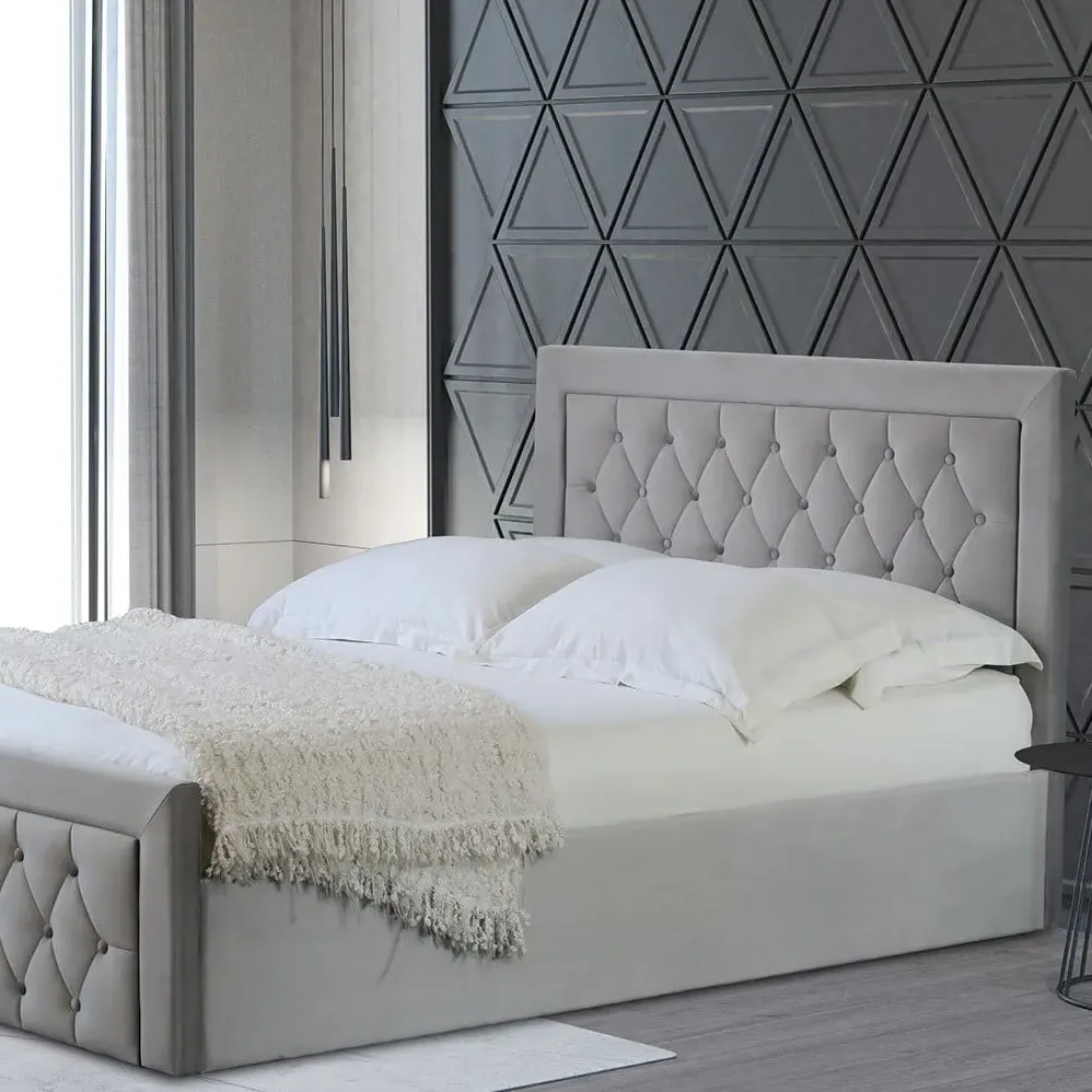Mia King Size Ottoman Bed with Storage - Grey, Velvet