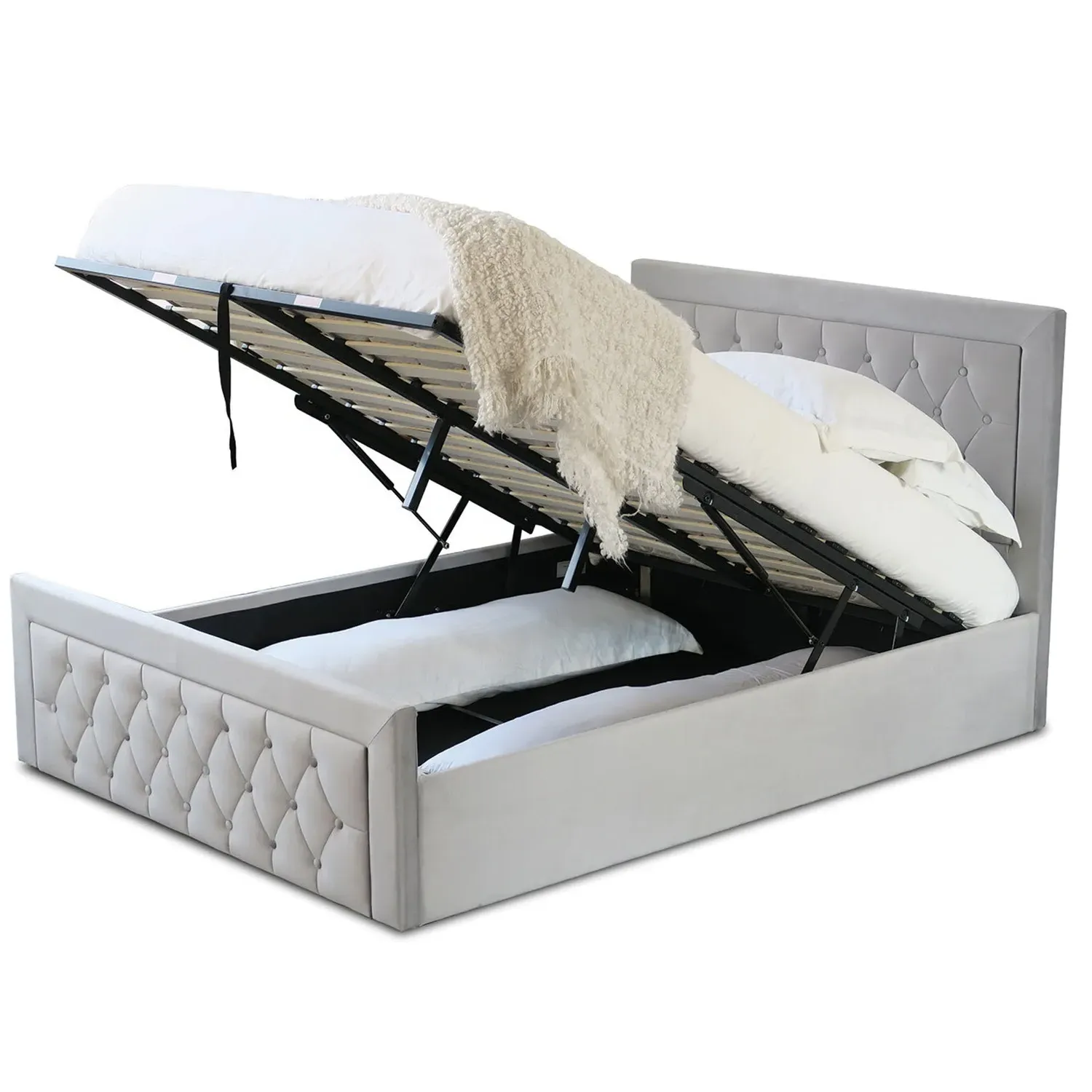 Mia Super King Ottoman Bed with Storage - Grey, Velvet