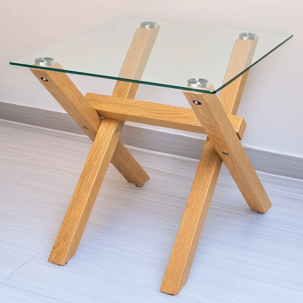 Nico Glass Lamp Table - Wood Grain Effect image