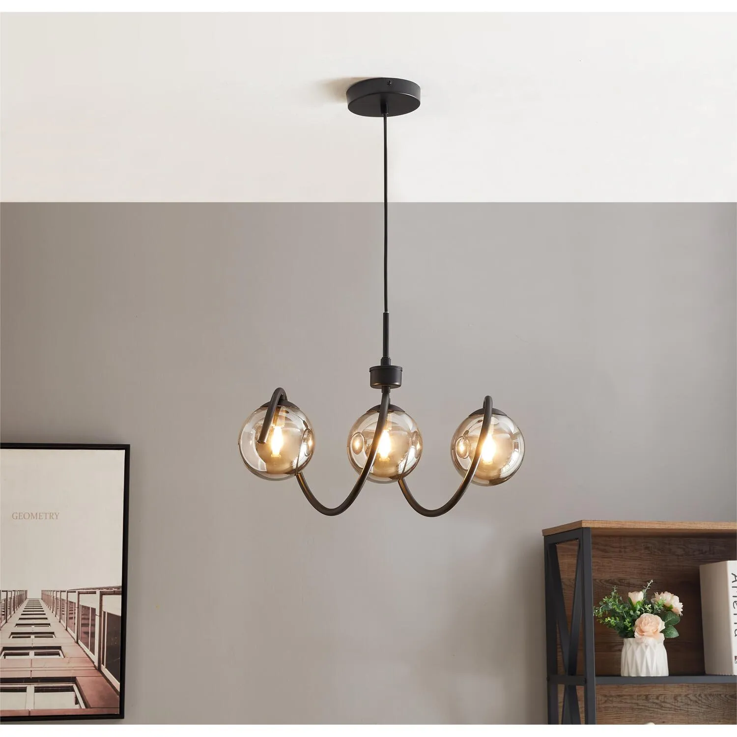 Nova 3 Light Ceiling Fitting - Black, Glass