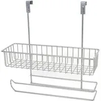 Over Door Kitchen Roll Holder with Storage Basket - Silver