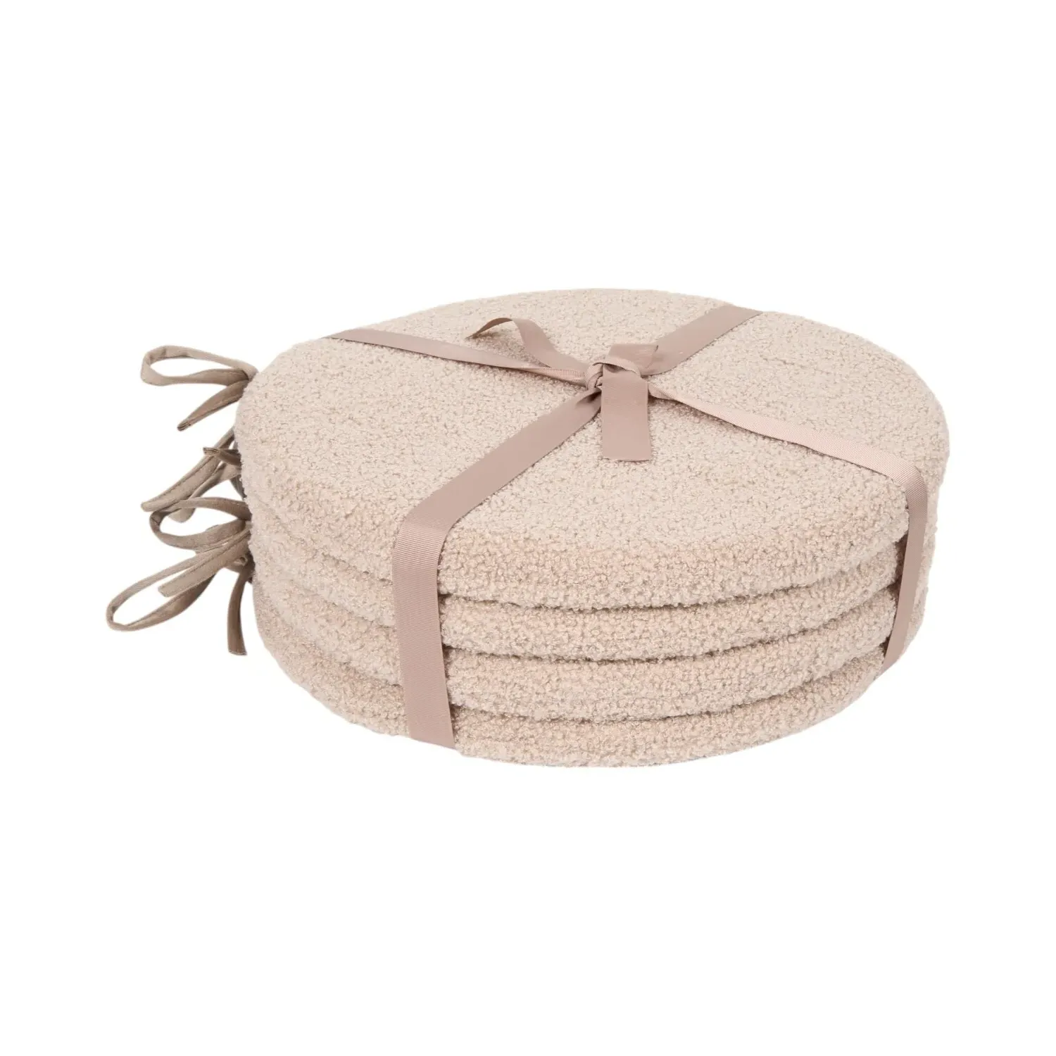 Pack of 4 Round Seat Pads with Ties - Beige, Boucle