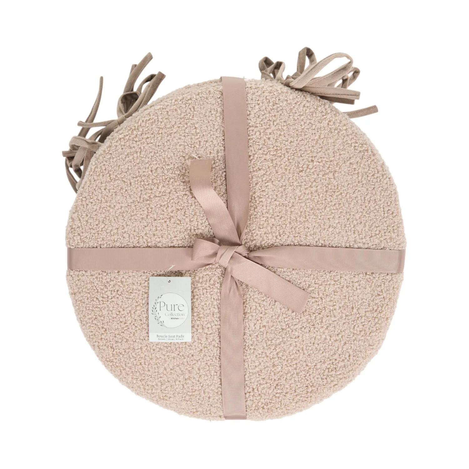 Pack of 4 Round Seat Pads with Ties - Beige, Boucle image