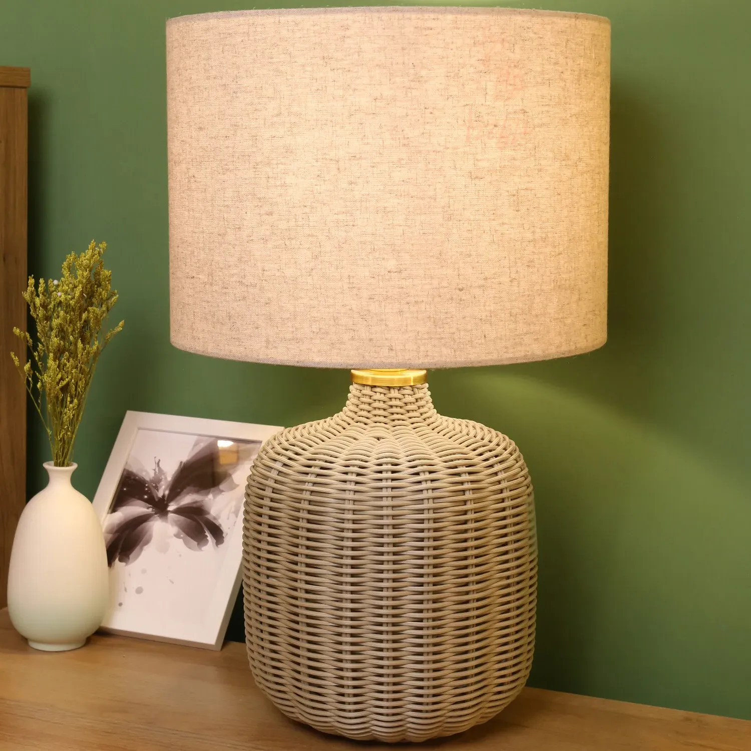 Padstow Rattan Effect Table Lamp - Grey