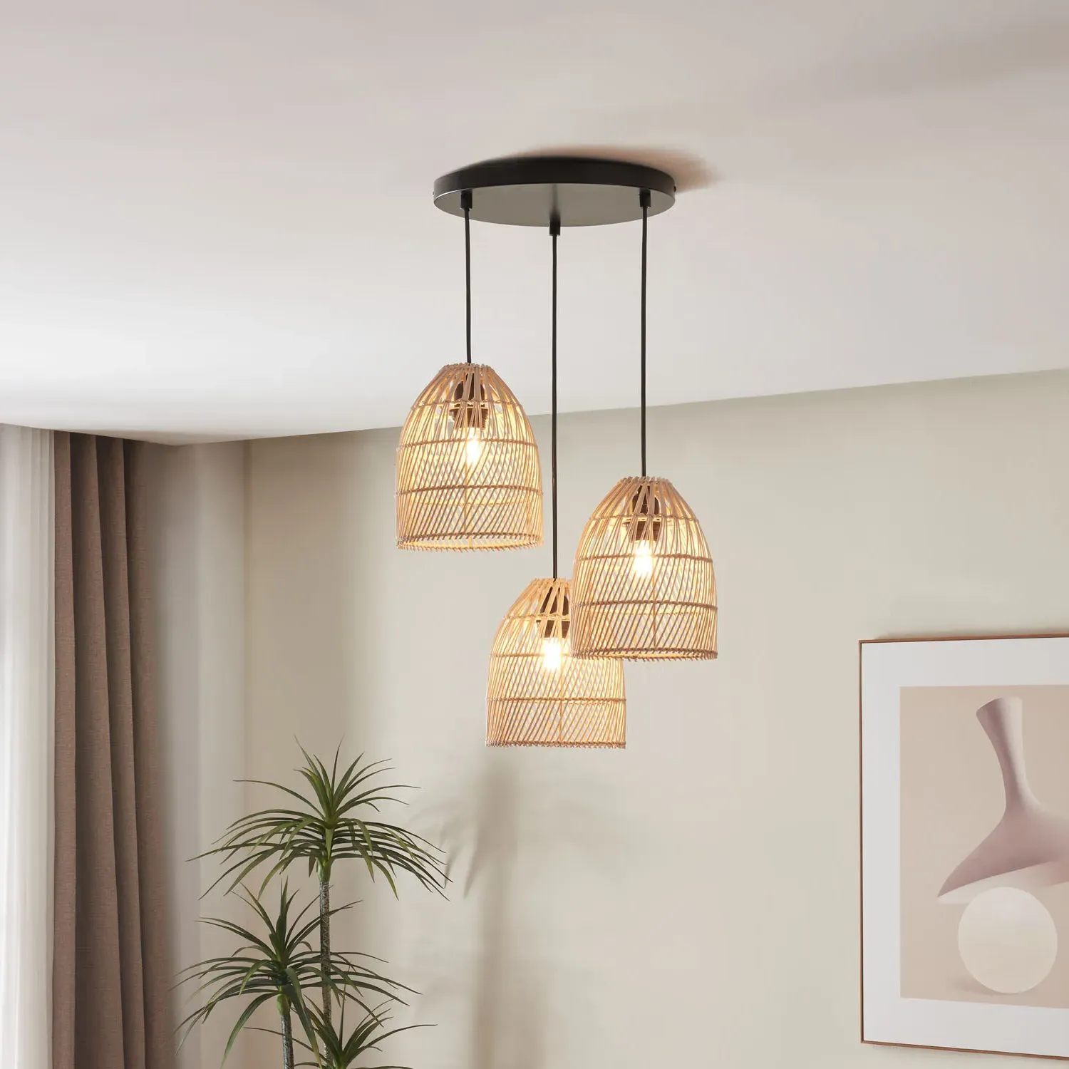 Palma 3 Light Ceiling Fitting - Neutral, Rattan