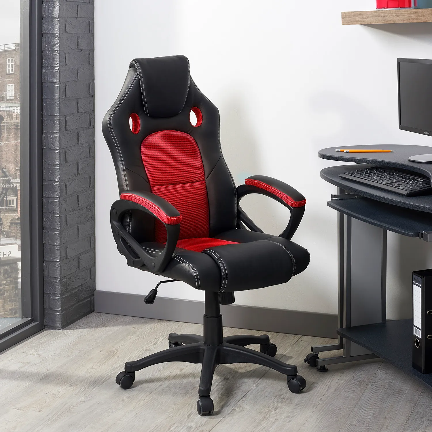 Phoenix High Back Swivel Office Chair - Red, Faux Leather