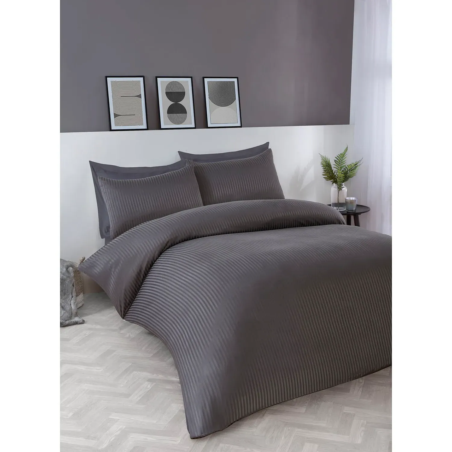 Pimlico King Size Satin Stripe Duvet Set - Charcoal