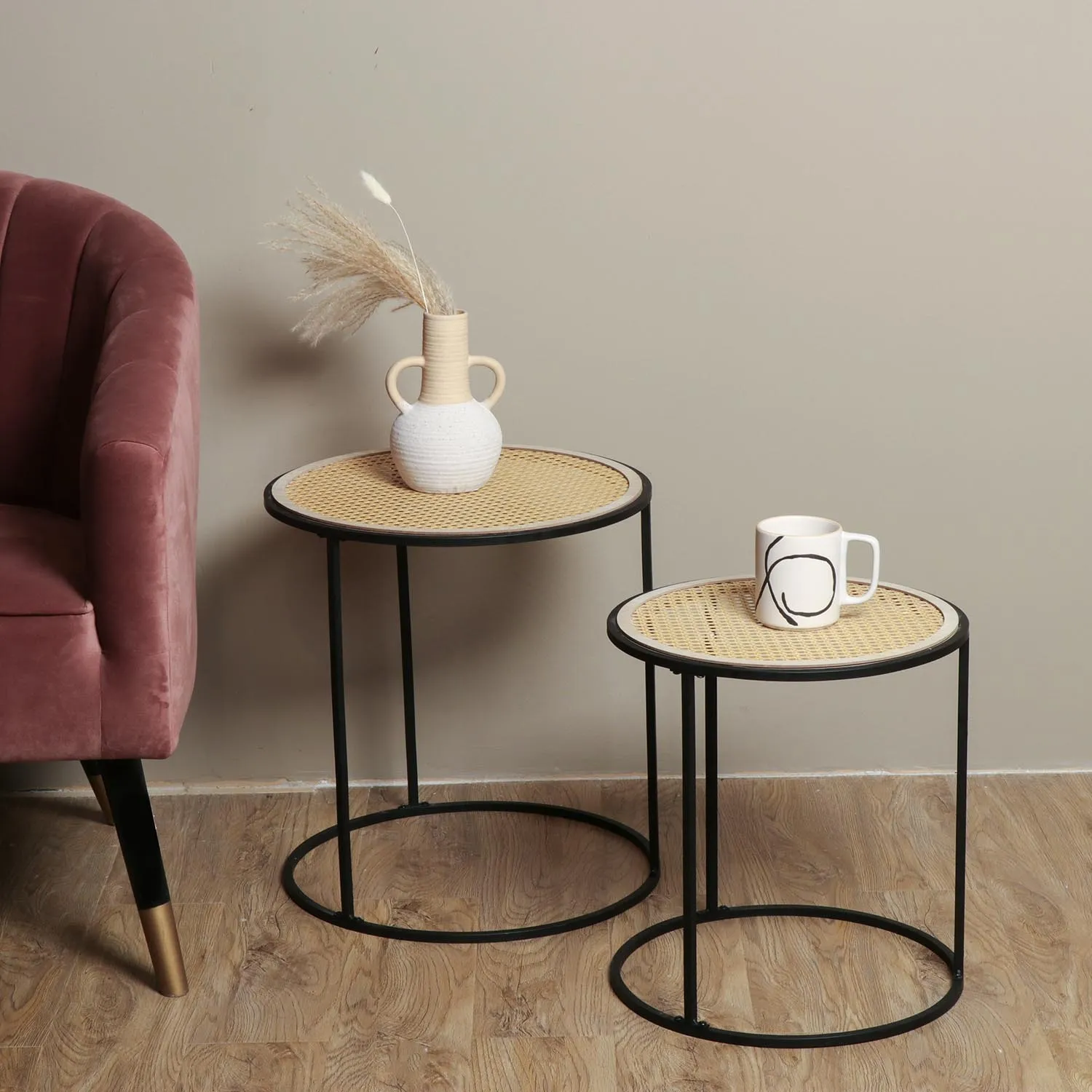 Rattan Side Table Set of 2 - Black