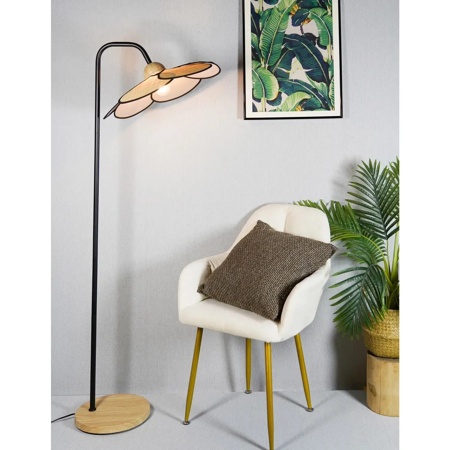 Raylee Floor Lamp with Flower Shade - Wood, Black