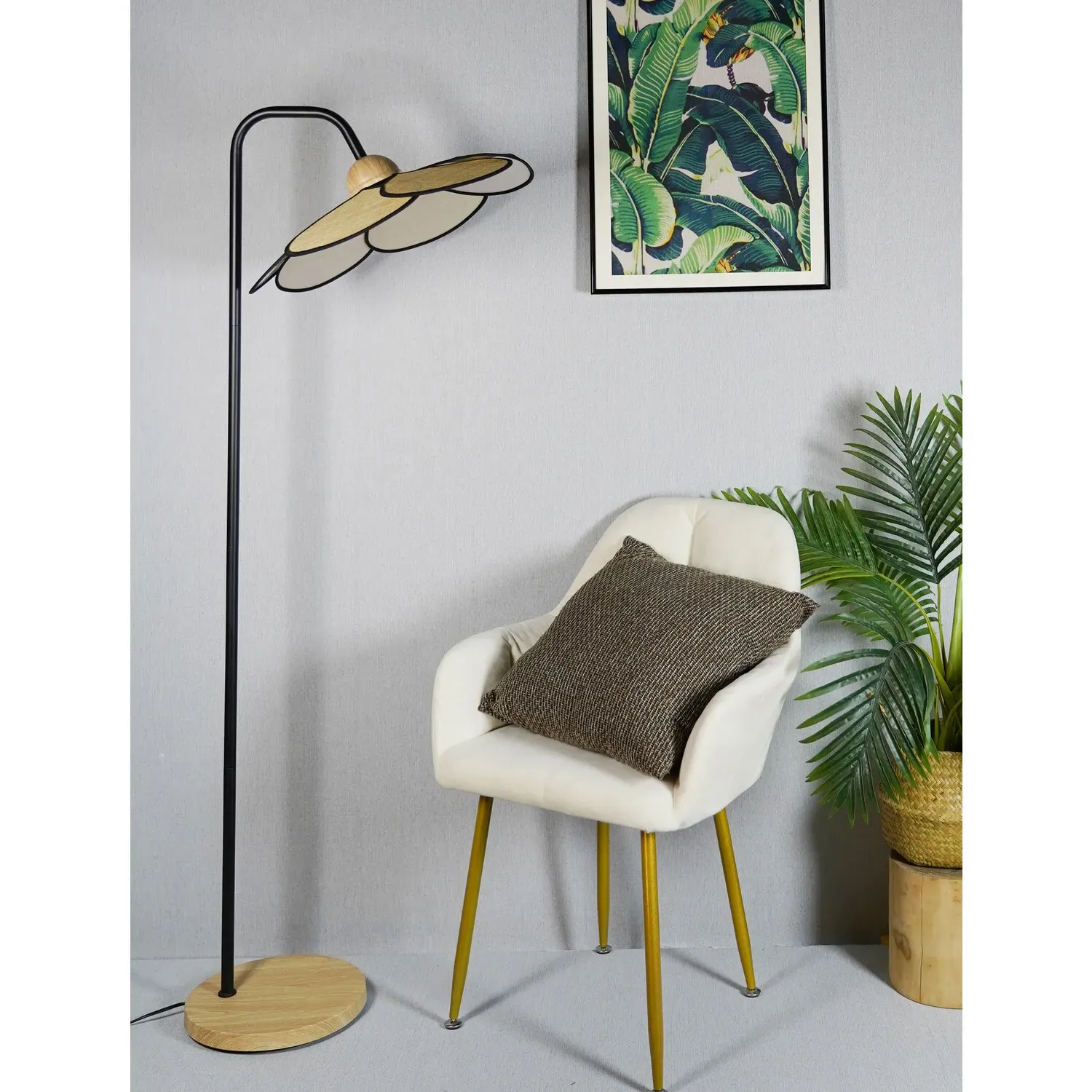Raylee Floor Lamp with Flower Shade - Wood, Black