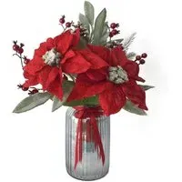 Red Poinsettia Artificial Flower in Silver Jar